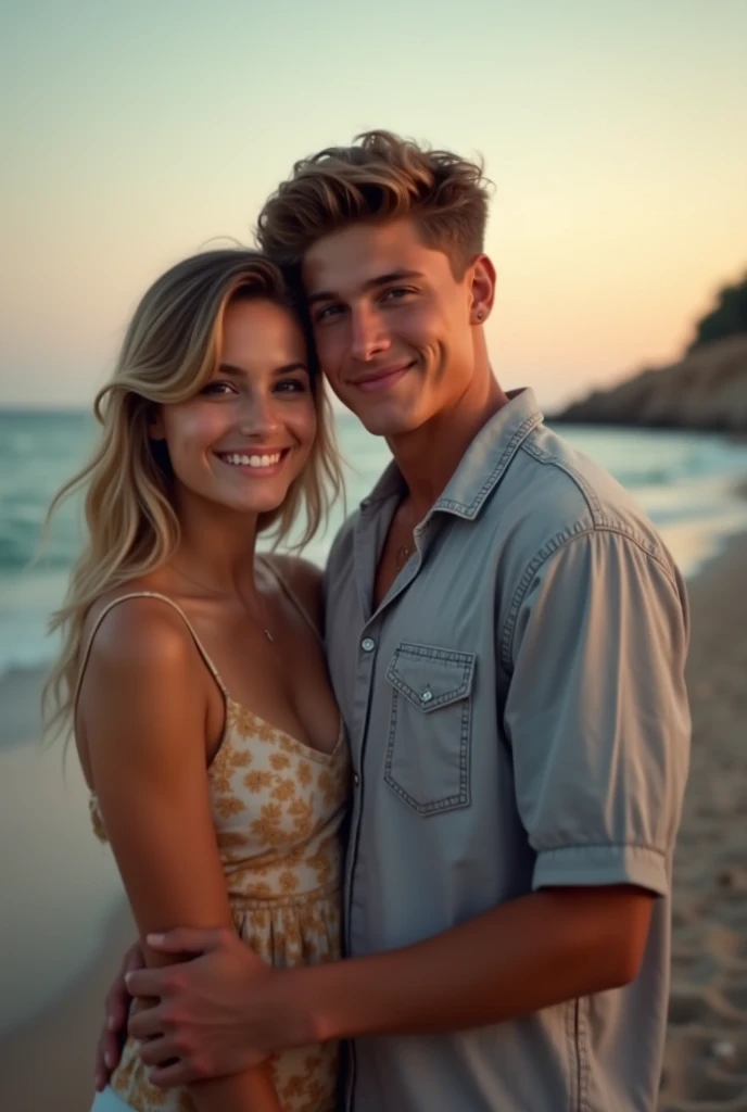 Un hombre calvo de ojos marrones, estiloBen Diesel, hugging a beautiful 45-year-old lady with blonde and blue eyes, background en miami downtown