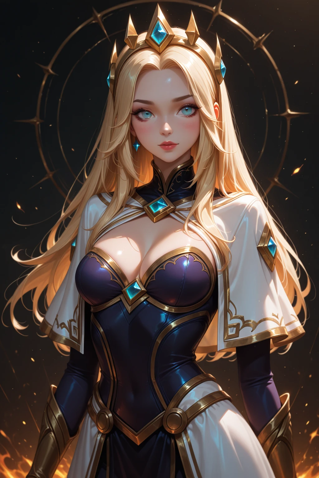 ((((masterpiece, best quality, high resolution)))), Extremely detailed 8K, Beautiful girl with slender body, (Ultra HD, Ultra-detailed, Highly detailed, Highly realistic, Ultra-realistic, photograph realistic), (1girl:1.5), (Realistic blonde hair with dark roots), wavy hair, boho bob cut,(dark makeup, pink eyeshadow), facing at camera, light smile, (beautiful detailed face, beautiful detailed eyes), (sexy space outfit), see through top, cleavage, glow, sweat, (space cruise, detailed makeup, gold bracelet