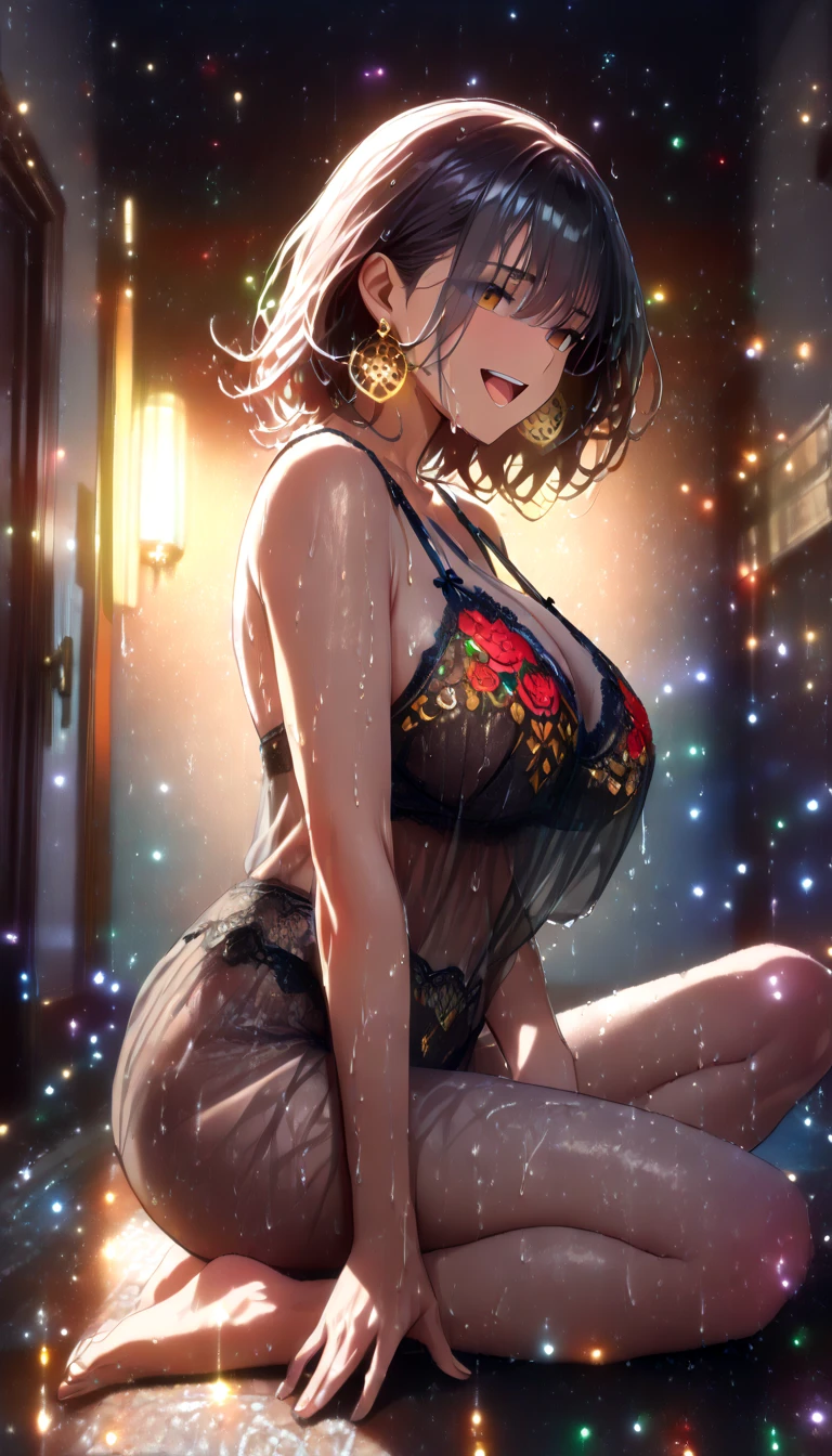 Anime illustration、highest quality、A short and plump gal、Luxurious atmosphere、Late Night、Resort hotels、Hatsune Miku、camisole、Perfect proportions、overwhelmingly big breasts、Beautiful, shining eyes、Cowboy Shot、Blushed、smile
