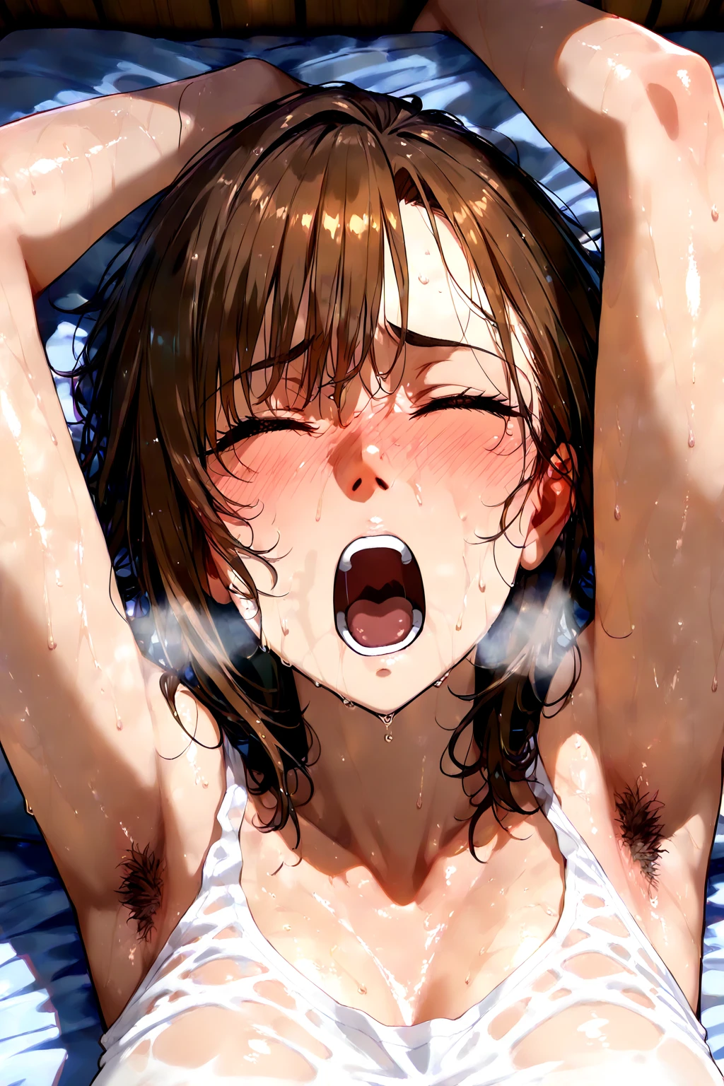 、Excellent anatomy, masterpiece, Highest quality,Realistic, hyperRealistic, 16k hdr,NSFW、Completely naked、Bob Hair、Straight Hair、Brown Hair、Brown eyes、clear、Angry face、Glare、Sweat、steam、(((Deep Throat)))、(((Grabbing hair)))、At the hot spring