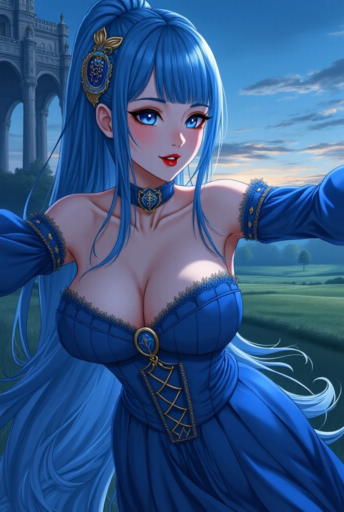 Highest quality、Highest quality、masterpiece、(8k resolution),beauty(Age 25)、(Mature Appearance)、Light blue long hair(Braiding of sides)、blue eyes、(Blue underwear with detailed embroidery)、(Elf)、Big cleavage、((Very large breasts))、smile、blue necklace、Blue Earrings、background(ice)、Please open your mouth wide、bracelet、Dynamic pose、Blue choker、Squint your eyes