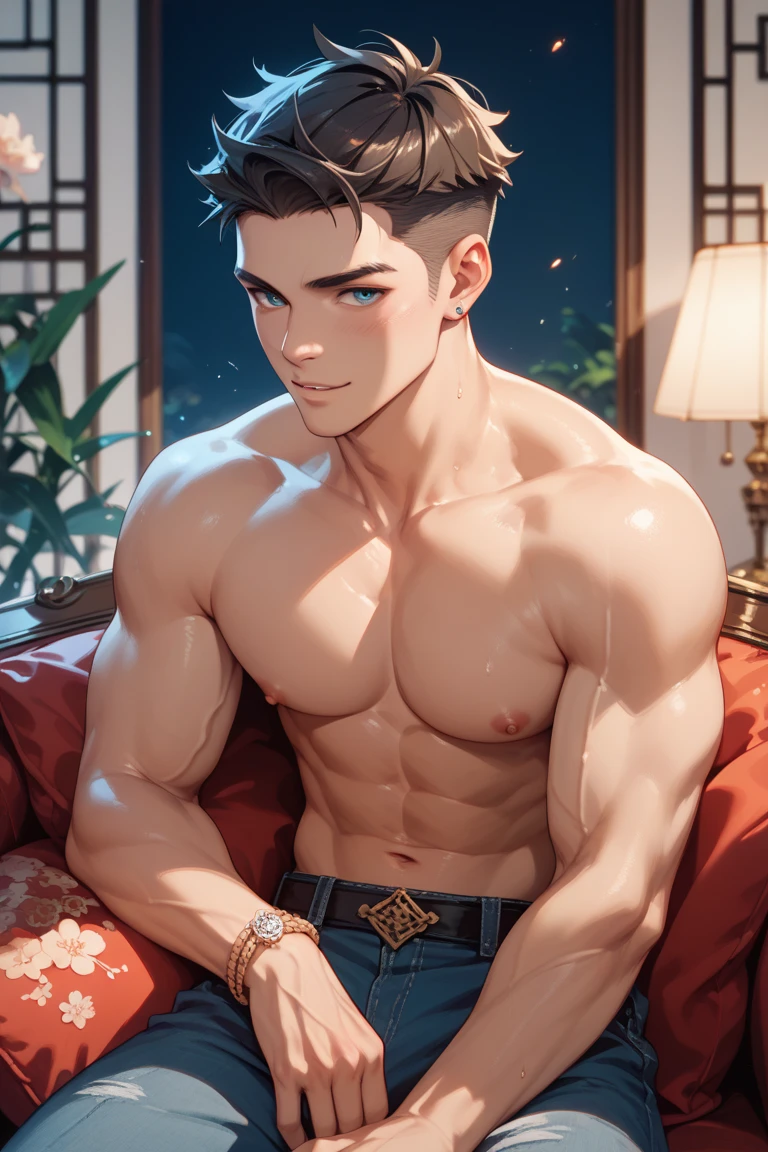 (masterpiece,best quality,ultra_detailed,highres,absurdres),1 mature male, 30-ish, (wide shoulder), ((no chest hair)), male, solo, short black Quiff hair with Soft Fringe (bangs part on side 3:7 ratio), simple background, blue eyes, full body, short hair, looking at viewer, parted lips, wet hair, shirtless, wearing thing, muscular and slim, with earrings and necklace, with open vest, with shoes, forest background. Sexy, mature sex. Romantic sex, full body naked, crotch, 