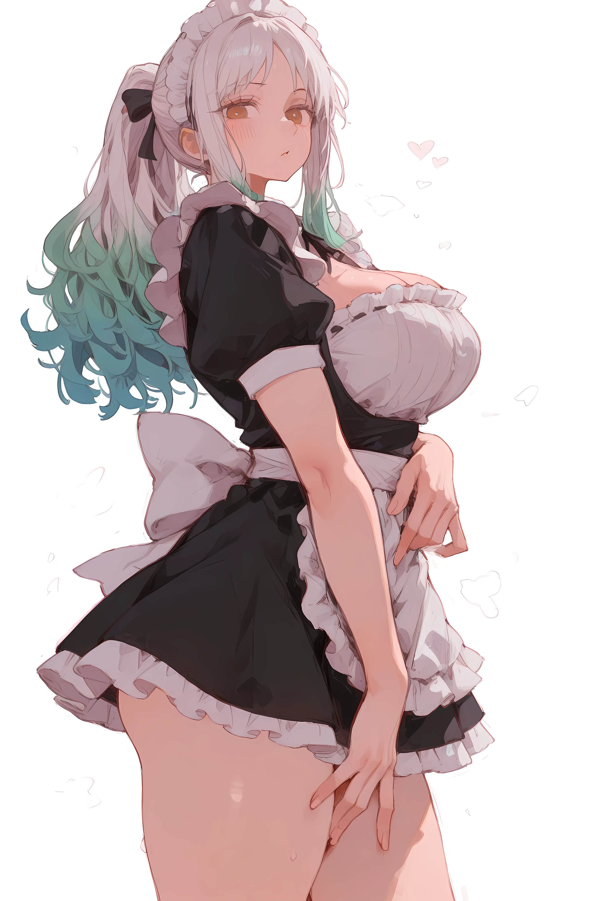 (masterpiece), Best Quality, great quality,soft shading,great details,8K,beautiful body ratio, 1 woman,simple white background,yamato,one piece,cute face,maid outfit,showing off your curves,thighs,looking at the viewer