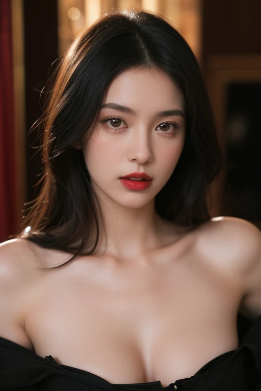 Kunoichi of the Sengoku period、Female ninja､Beautie　　high-level image quality　hight resolution　Realistic　Shorthair､fullnude､Woman with dark hair、A MILF、Middle-aged woman、Big big、Detailed red-black   ,,,,,,、detailed skin textures、超A high resolution、Realistic、Voluptuous body shape、looking into mirror、Middle-aged beauty、Beautiful expression、With detailed red-black areola 、Detailed green eyes、long fluffy hair、Kamimei、Very delicate and detailed skin texture、Female, 35 years old、Being on the battlefield of the Warring States period、Kunoichi of the Sengoku period、Large cleavage、Large open neckline、bright red lips､Gorgeous Gunmetal Sneak Costume、ear ornament、Silver collar and necklace、black lingerie, taking off clothes