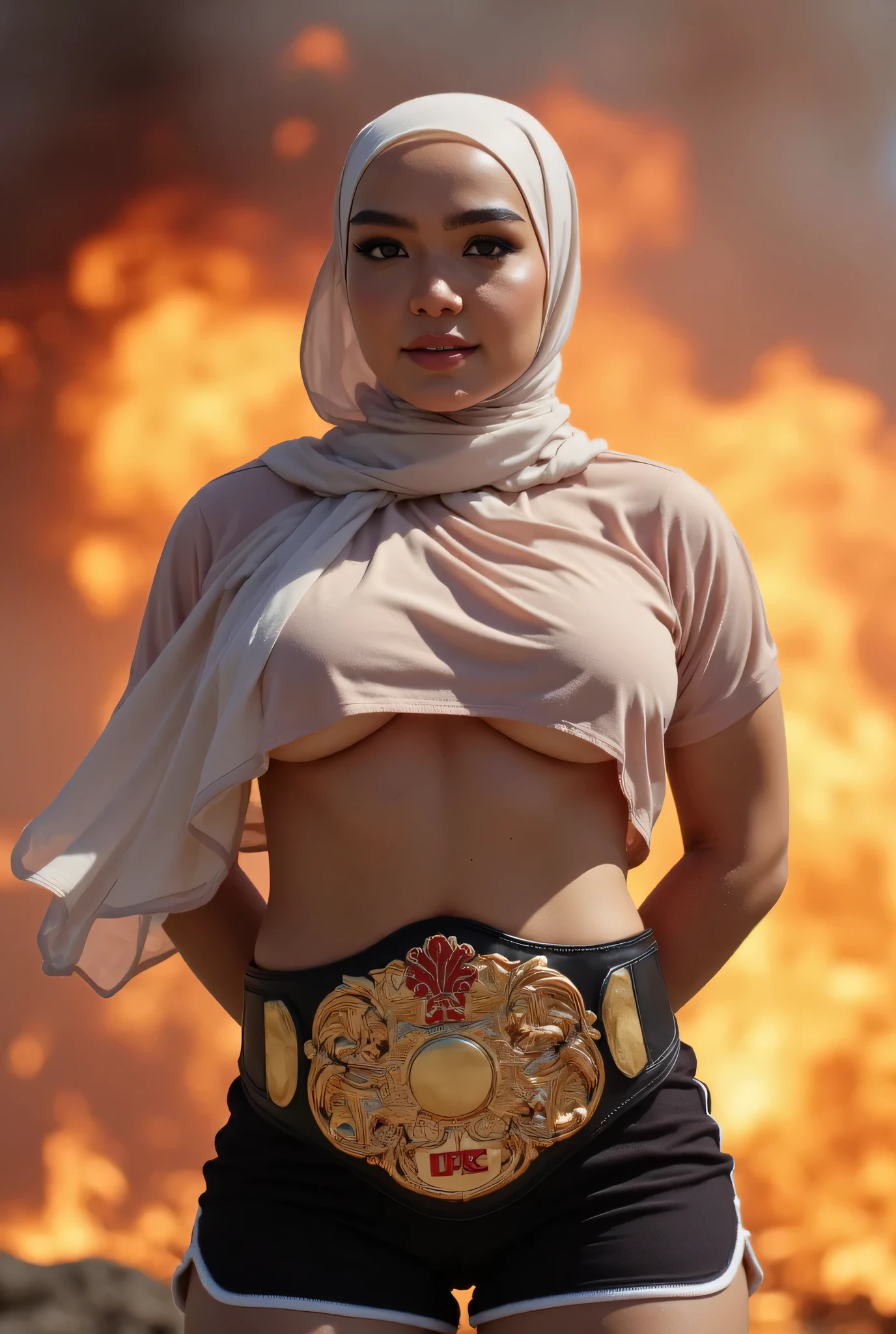BLOWN IN THE WIND WEARS WHITE HIJAB), SSBBW HIJAB , (CROPPED T-SHIRT) big ass , PLACE BOTH HANDS BEHIND YOUR BACK, HUGE BOOBS BURSTING BREASTS , UFC CHAMPION BELT FIGHT. BACKGROUND FIRE AND SMOKE. VISIBLE UNDERBREAST