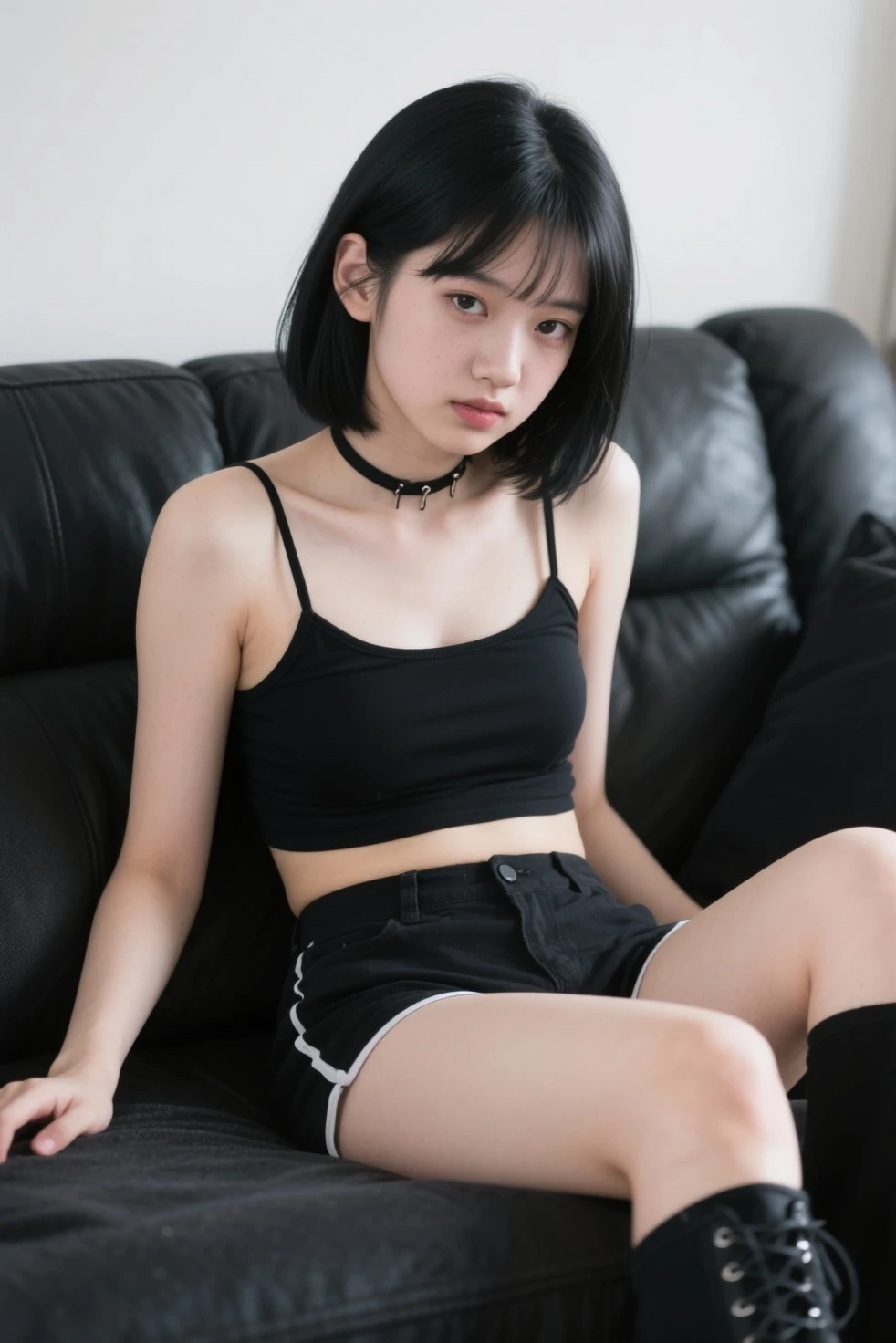 Girl 10 - 11 years wear very short crop top, she sits on the bed, very short crop top, girl 10 - 11 years, she's wear black short shorts, very short crop top, short shorts, girl, 10 - 11 years 