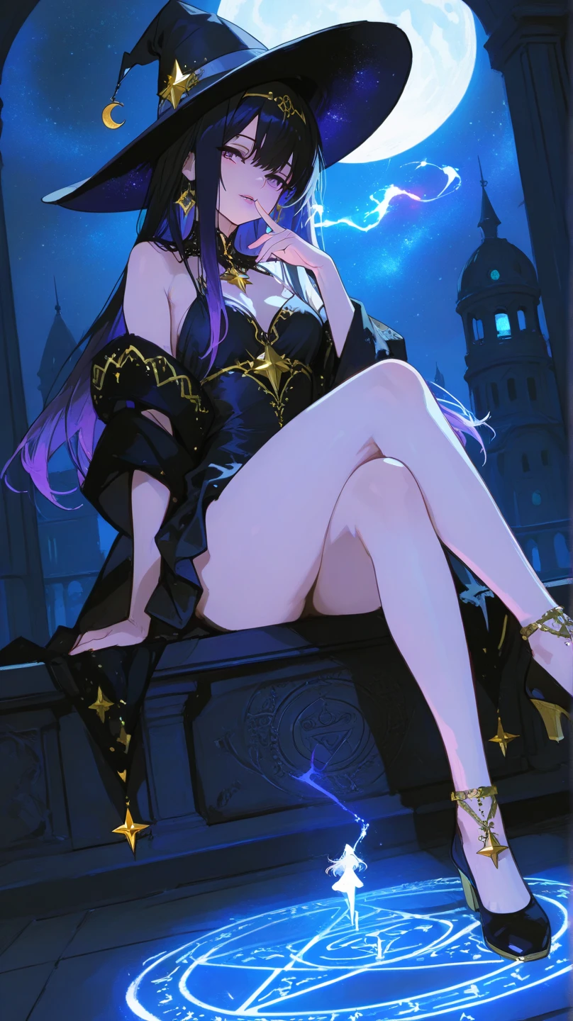 Masterpiece, Best quality, Night, Moon, Beautiful detailed sky, Realistic, Real, Huge_filesize, the wallpaper, Girl, Medium hair, whaite hair, curly_Hair, Hair accessories hair bow, shairband, leaf hair ornament, Tentacle hair, view the viewer, eyeball, Small breasts, shirt, Miniskirt, White pantyhose, panties under pantyhose, Elbow gloves , Collar, Earrings, jewelry, Spread legs, Crossed_Legs,