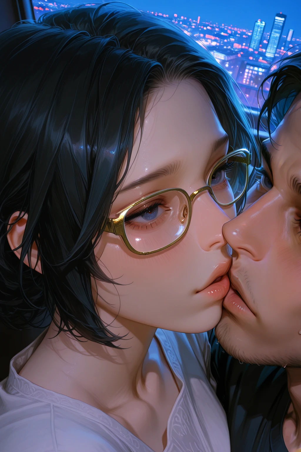 very sexy girl, long black hair, glasses, , ((extreme ,  on face, , a lot of ,)) small breasts,  look, big window with night view , stars, moon, (art inspired by Bill Sienkiewicz). oil painting)
