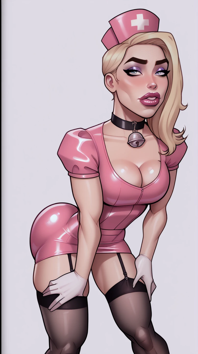 Generate a realistic illustration of a mature Dee Dee (Dexter’s Laboratory), ((pink ballet dress)), ballet shoes, (Aletta ocean face), blonde hair, de terno preto, twin tails, (blonde), white stockings, (slendered abs), long legs, (pink breasts), pink outfit in anime format with a serious style, (gigantic breasts), perfect skin, detailed face, defined cheekbones, puffy lips, long arm gloves, gothic make up, masterpiece, dark lighting, black background, puffy lips,slendered abs, beautiful face,