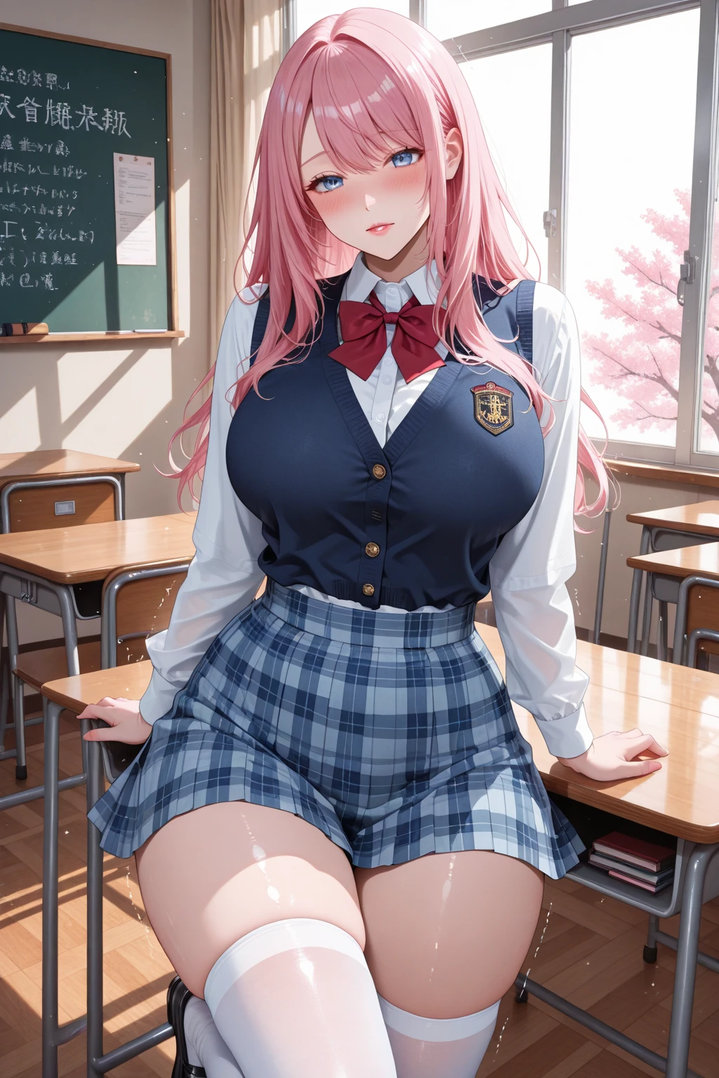Pink hair, bangs, hair behind ear, very long hair, jewelry, earrings, masterpiece, textured skin, high details, best quality, Adult woman, accentuated super huge enormously gigantic breasts, wearing school girl uniform, plaid skirt, white mini thong, white thigh high socks, mature woman, good figure, sitting spreading her legs open alone in the classroom, in class,eyeglass