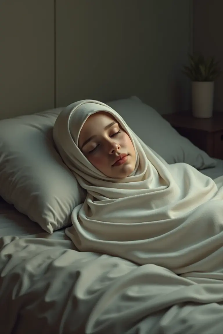 A girl laying on bed wearing Islamic burqa