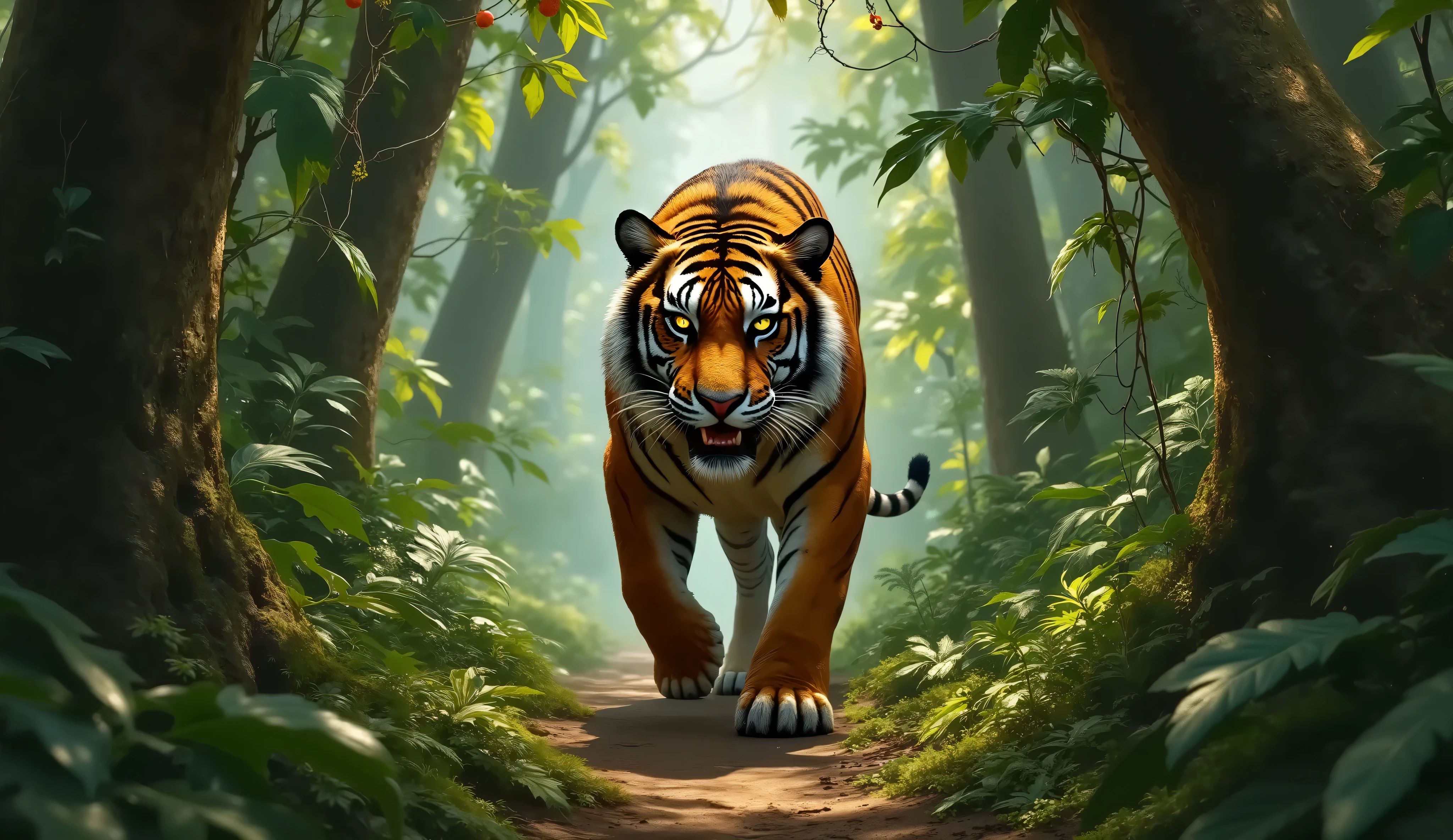 beautiful forest jungle with fruit trees, large tiger fixedly stares in the bushes, as if looking at its prey, warm tone, 32K UHD, hyperrealistic, cinematic scene, blockbuster dynamics, Raw Image