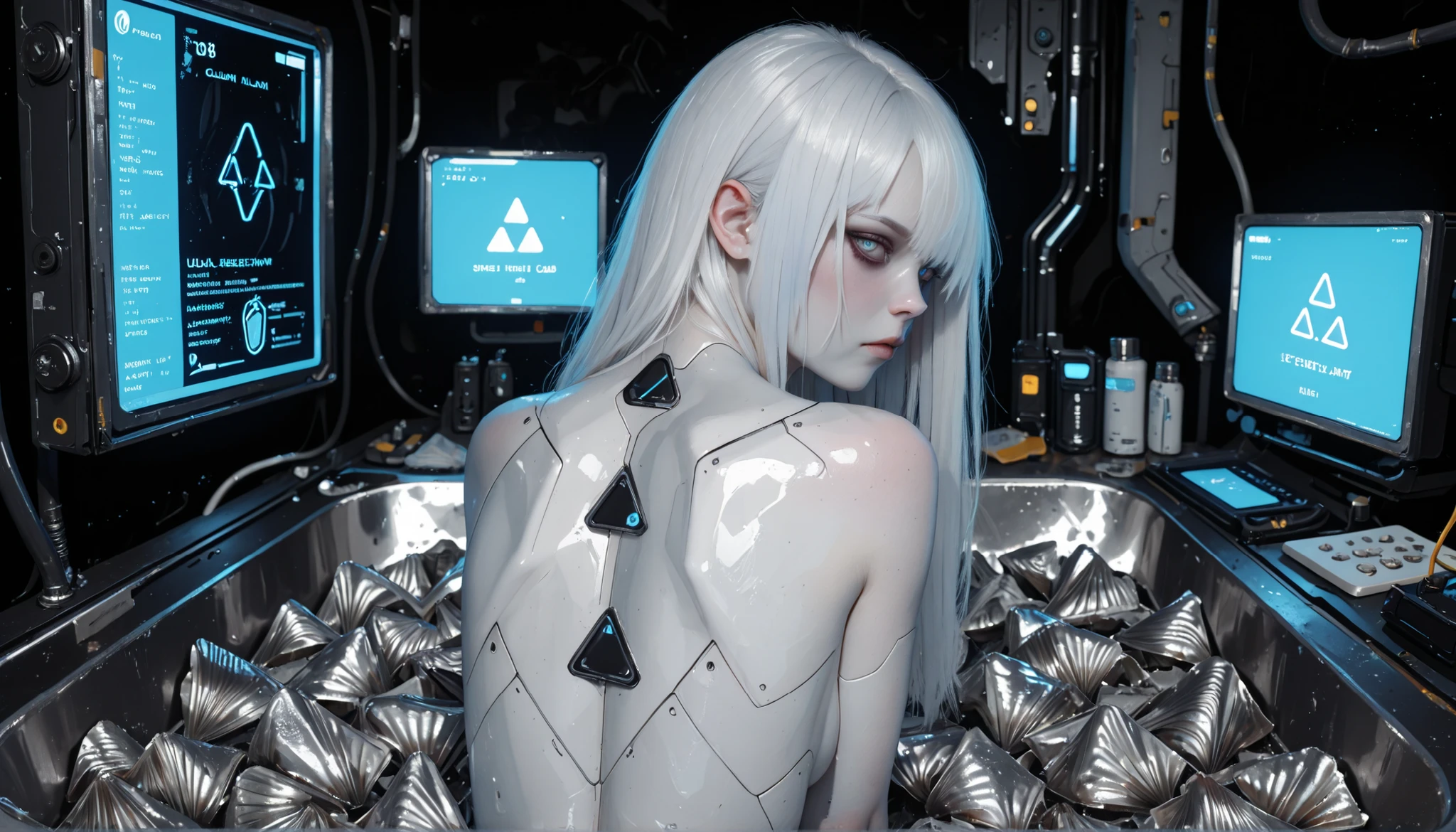 masterpiece, best quality, amazing quality, very aesthetic, high resolution, ultra-detailed, absurdres, newest, scenery, semi realism, a futuristic cyberpunk girl with white hair, seen from the back. half body, naked, from behind, She is looking back at viewer with pale blue eyes. On her upper back, she has a sleek, small, ((inverted triangle-shaped white implant)). The implant looks like a ((soft plug-in device made of white aluminum foil)), subtly integrated into her skin. but with a minimalist and high-tech design. The overall aesthetic is elegant, clean, and futuristic, set in a moody neon-lit background. The girl has a calm yet powerful aura. 748cmstyle,
