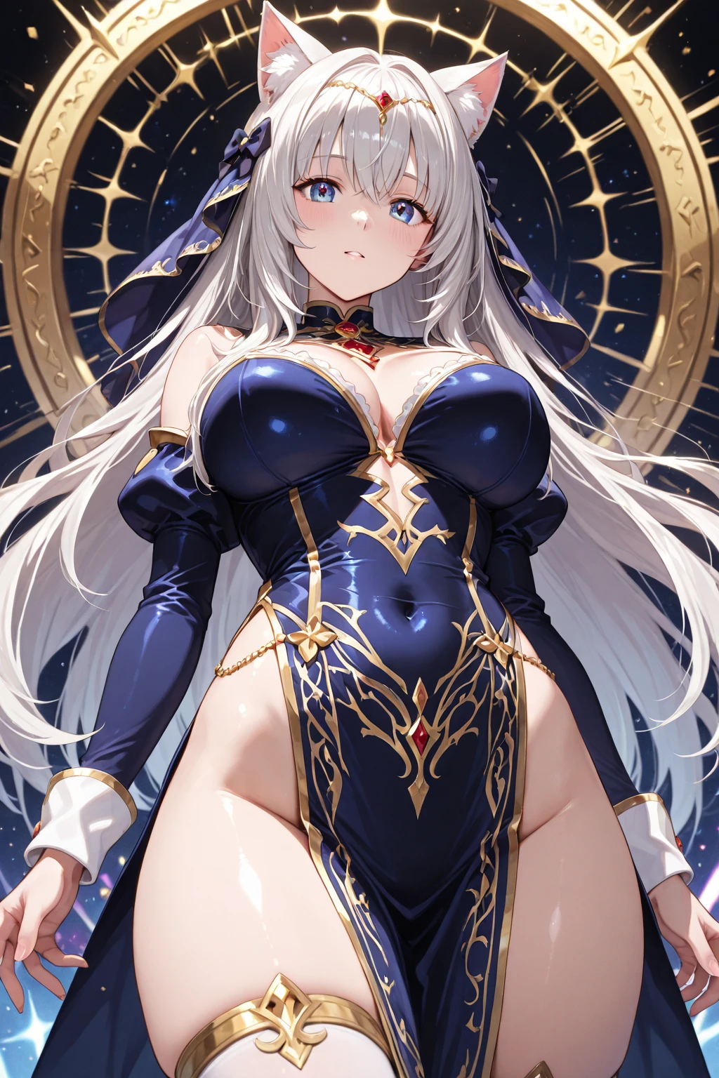 A captivating adult woman with light yellow eyes and dark blue hair graces the scene, her pale skin accentuating the contrast of her features. She carries a slim face, reminiscent of Rozemyne from "The Ascendance of a Bookworm," her olhos da cor ambar (amber-colored eyes) gleaming with an enchanting allure.

Dressed in a closed quimono of royal-blue sacerdotisa style, every detail of her attire exudes elegance and grace. The color schemes resonate with Anyme's distinct estilo s2 art style. Her breasts are generously endowed, adding to her allure and commanding attention.