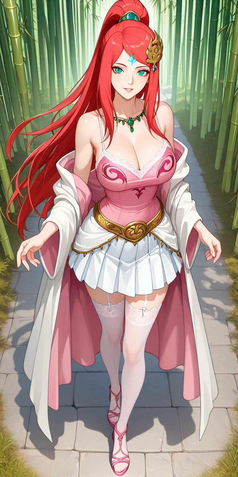 Lian, red hair, hair stick, bangs, blue eyes, solo, smiling, standing, upper body, hips, bare shoulders,purple thighhighs, green dress, gold jewelry,armor,gloves,circlet, cleavage, red and gold royal castle, gigantic breasts, (best quality, masterpiece, beautiful and aesthetic:1.2, highest detailed face, perfect face,)  eyes, perfect face,expressive eyes,
looking at viewer, in the center of the image,(Upper_body),(Focus on her face),
official art,extremely detailed CG unity 8k wallpaper, perfect lighting,Colorful, Bright_Front_face_Lighting,shiny skin, 
(masterpiece:1.0),(best_quality:1.0), ultra high res,4K,ultra-detailed
