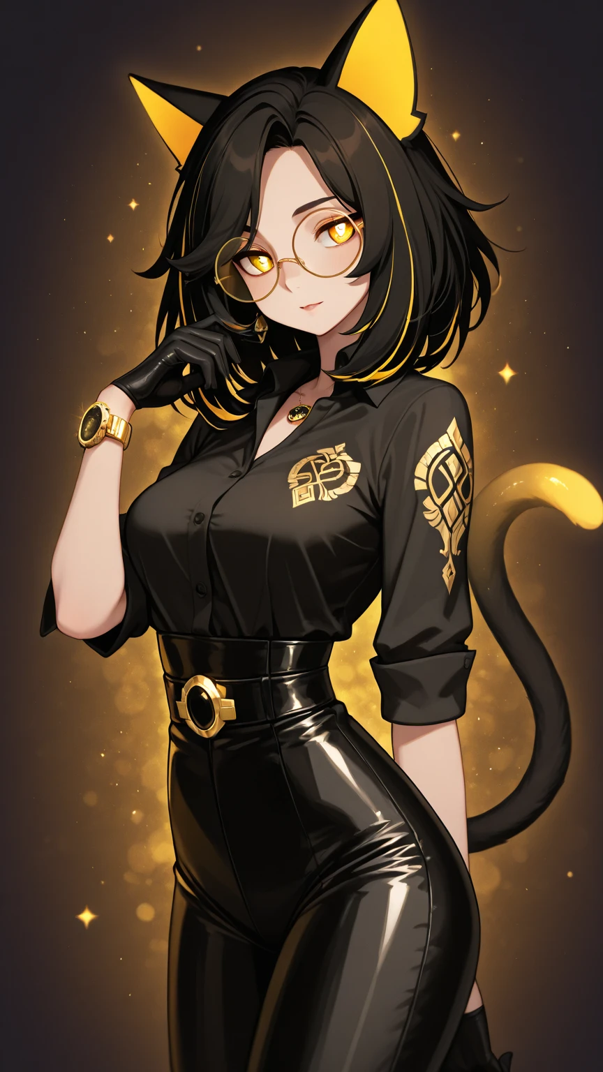 Milf anime , hih detailed long black hair , cat anime girl , golden eyes , bodysuit , high detailed hands ,