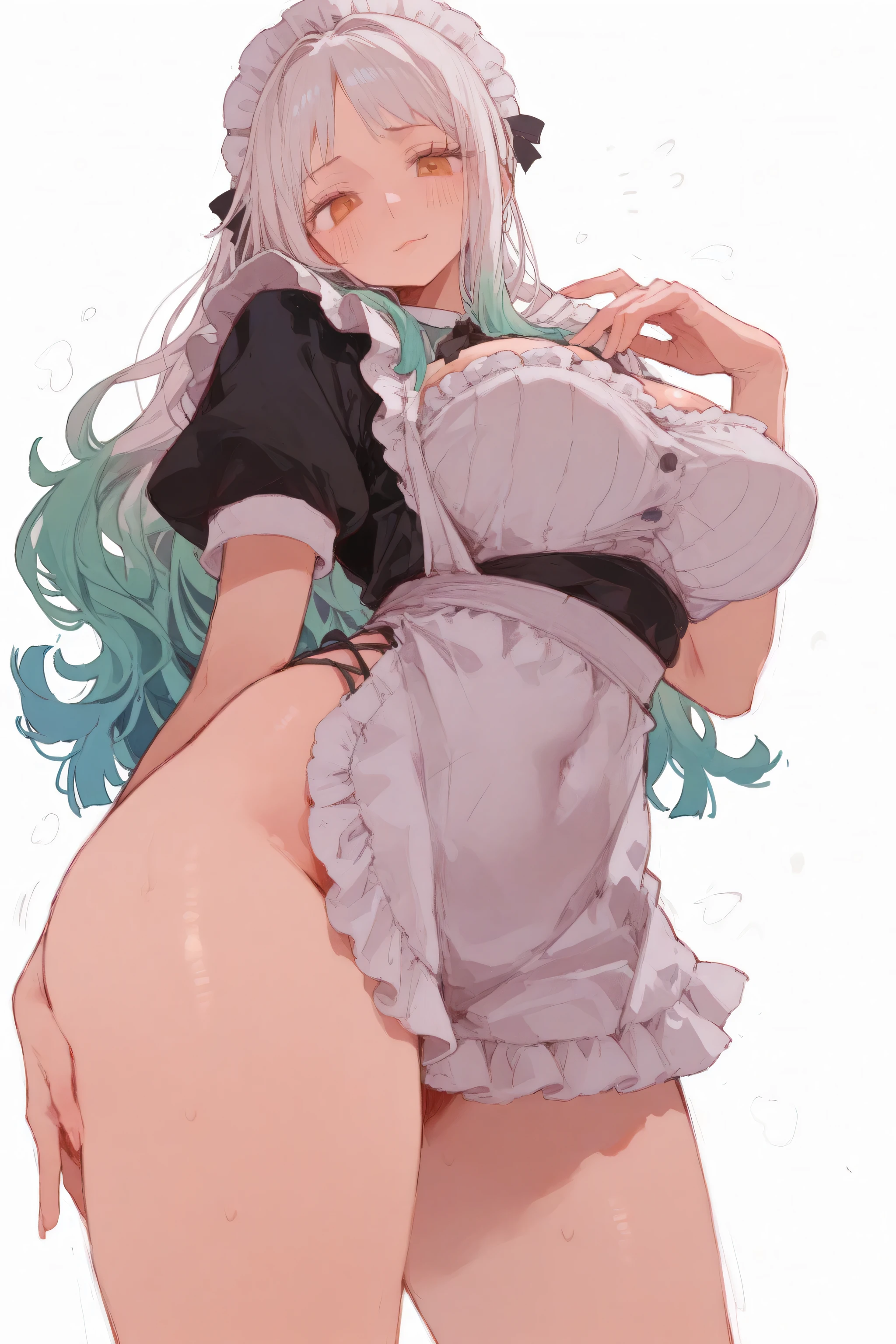 (masterpiece), Best Quality, great quality,soft shading,great details,8K,beautiful body ratio, 1 woman,simple white background,yamato,one piece,cute face,maid outfit,showing off your curves,thighs,looking at the viewer
