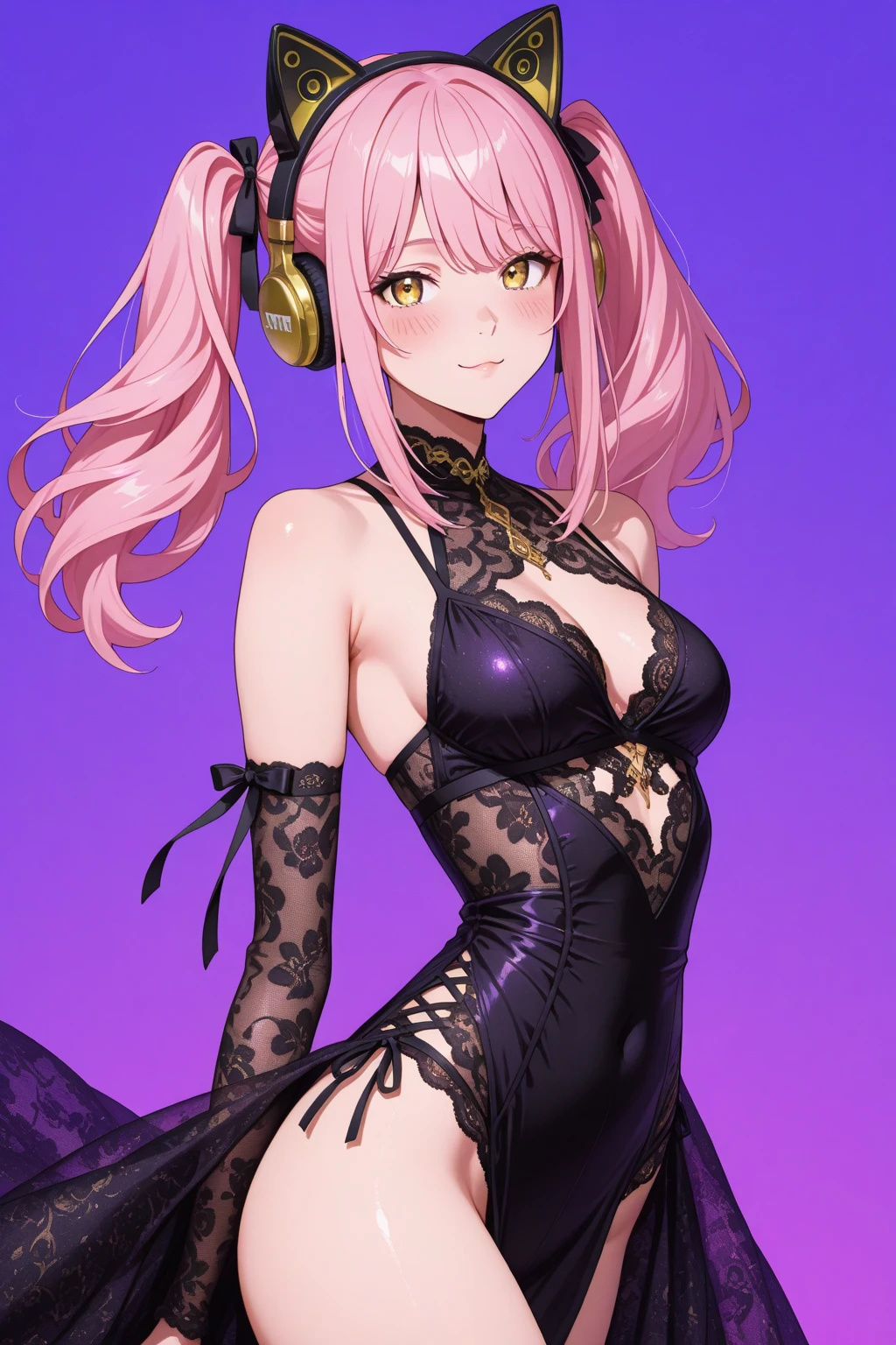 Sexy outfit, dark skin, chains, pink blonde hair, long curly hair, fishnet stockings