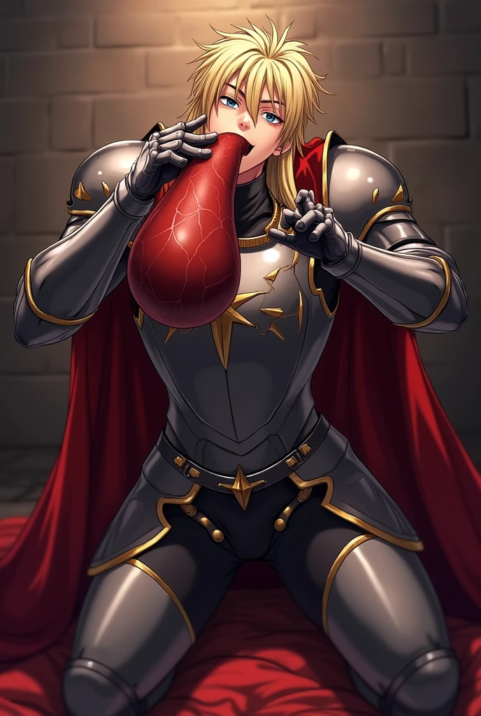 best quality, masterpiece, stocky man, (short blond hair), he looks like laios touden, wearing metal armor, no bottoms, cumshot, projectile cum, bukakke, facial, open mouth gasping for air, blushing, hands chained to dirty dungeon wall, fucks another man's ass, sexy, gay, homoerotic, extremely dramatic shadows, front view, , perfection, no watermark, no logo, no signature
