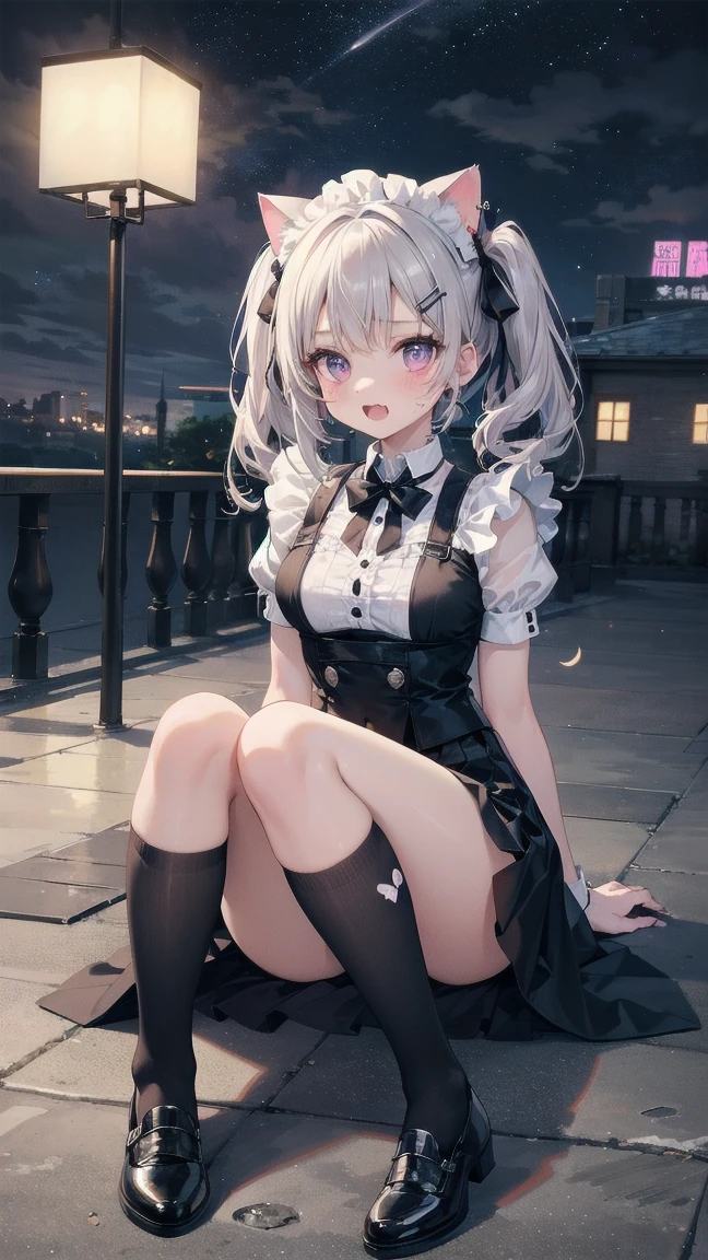 (masterpiece), best quality, high resolution, extremely detailed, detailed background, cinematic lighting, outdoor, 1girl, medium breasts, medium hair, silver hair, crossed bangs, cat ears, cat tail, light blue eyes, eyeshadow, smoky eyes, makeup, lipstick, mascara, blush, white shirt, black dress, drastic hair ornaments, skirt, frills, lace rims, frilled sleeves, frilled skirt, thighhigh, ankle boots, panties, looking at viewer, nsfw
