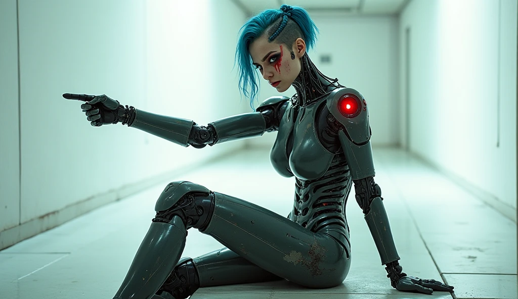 Portrait of a cyborg girl with 25-year-old appearance, robotic female face, electronic, detalhada, body is exoskeleton, robotic feet, very short braided blue hair, tem o rosto perfurado machucado com sangue, bent arm pointing finger at camera, robotic feet, Its legs are robotic with a carbon fiber appearance, There's a deep round hole in the robotic shoulder, pernas de metal em fibra de carbono, buraco fundo redondo na coxa, abdomem perfurado, one of the eyes is a red LED lit, estilo exterminadora do futuro, adolescente pequeno, olhar sensual, Serious, sentada em um banco, pernas abertas, corpo sujo, sombra na parede; Ultra realista, cinemactic, (em Corredor livre, Branco, fundo e longo, luz clara e mal-humorada: 1.2), (foto de corpo inteiro).