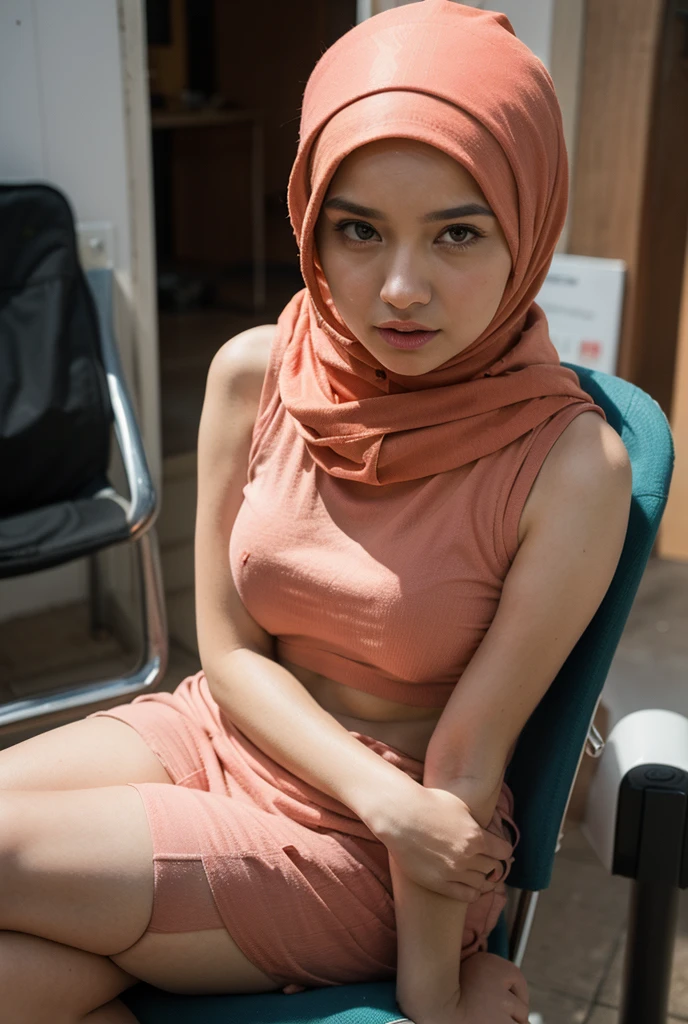 (1 girl), sitting on a chair in a hospital, ((wearing hijab)), wearing long white nurse uniform, long white pants, shot from above, wearing niqab, wearing mouth cover