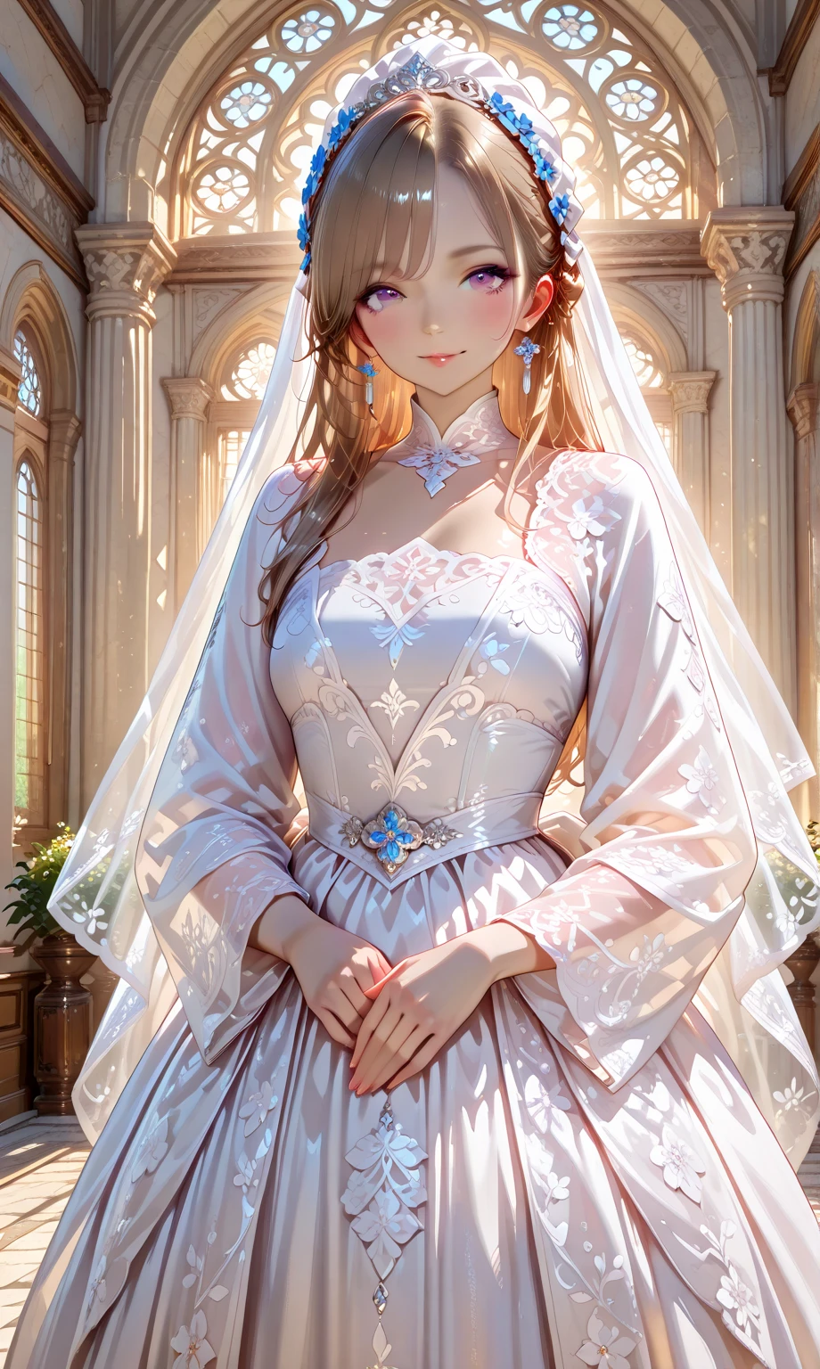 Artistic AI Art Galaxy(masterpiece:1.2, Highest quality), (Beautiful, detailed eyes: 1.2), High resolution, (Beautifully detailed face), (One girl:1.2), Blake: A figure in a red and white dress with gold trim.、Standing in front of a window with red curtains and gold ornaments。. The dress is gorgeous and sophisticated., Multi-layer structure. This character has long, flowing hair with flowers, Wearing gloves. She has a noble and delicate character.. The light coming in through the window creates a fantastic atmosphere., The curtains and windows are carefully painted.. It's a warm image.