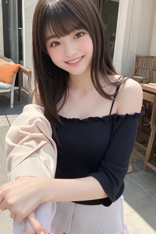 22-year-old girl, with gray eyes, pale white skin, slim figure, smiling, black hair, fashionable, photo taken with an ultra-realistic professional camera, she is in a mansion on the facade