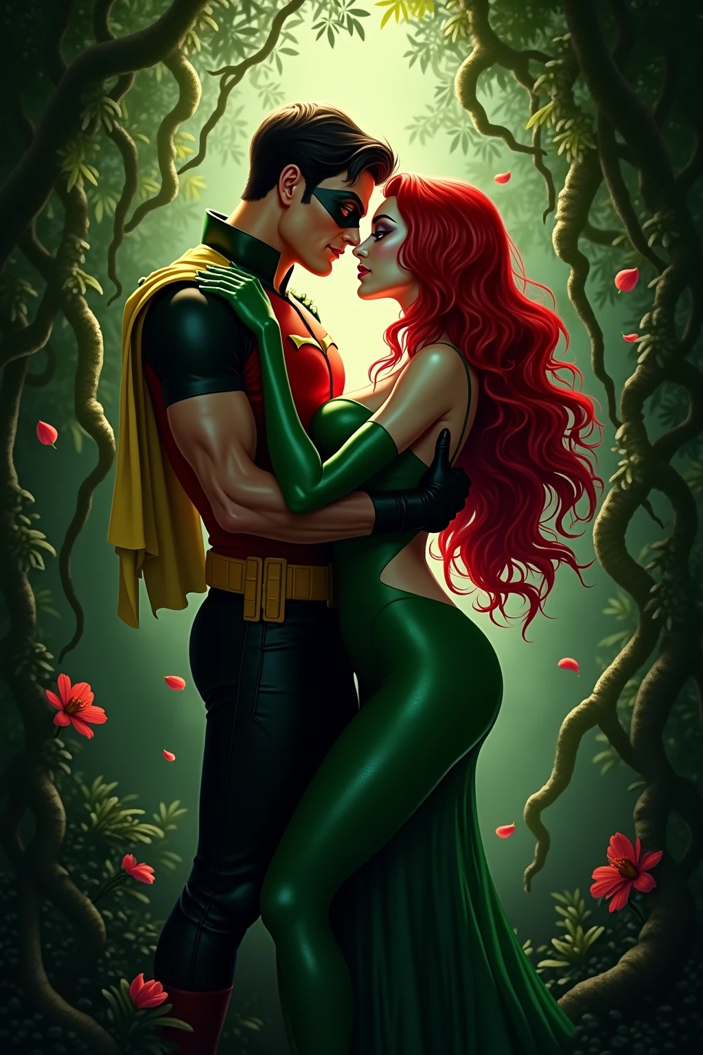 (((Poison Ivy))), (((Superman))), High quality, best quality, masterpiece, (1boy1 1girl), (hetero:1.5), mature woman, curves, long wavy redhead hair, green eyes. cleavage. (((woman wearing strapless black leotard)))