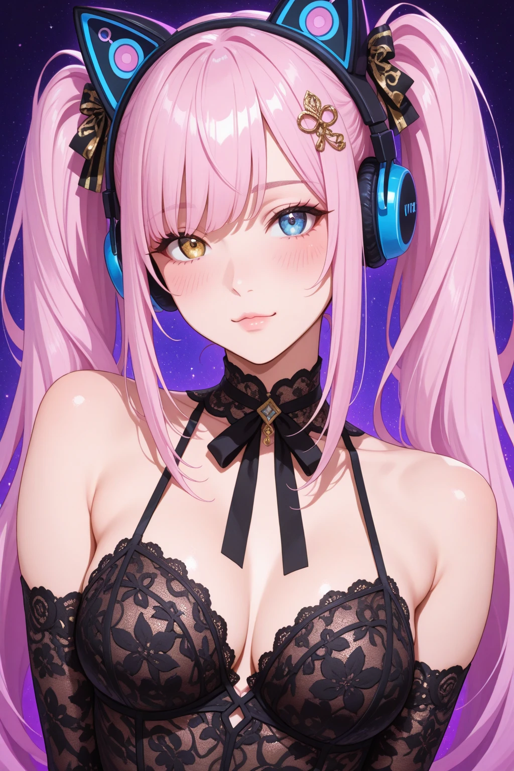 1girl (masterpiece, round_iris, extremely crisp crystalline shiny purple eyes, perfect_anatomy, extremely_captivating_hypnotic_mystic_eyes, ) perfect face, long pastel pink hair, smiling evil, big breasts, sexy lingerie, playing video games, gamer girl, gaming room, dynamic pose, best quality, 4k