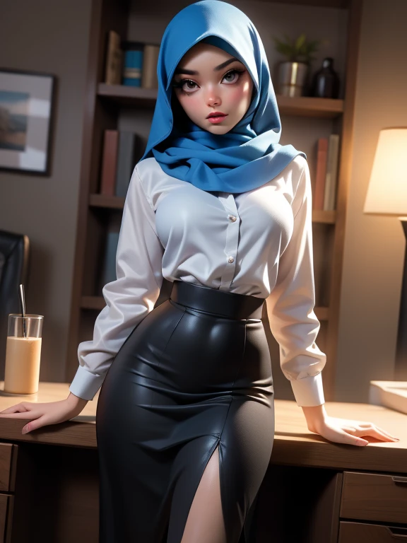 ((Masterpiece, best quality, photography, detailed skin, realistic, photo-realistic, 8k, highly detailed, full length frame, High detail RAW color art, diffused soft lighting, shallow depth of field, sharp focus, hyperrealism, cinematic lighting, hijab, a woman, mature, beautifully makeup, bold eyeshadow, beautiful big eyes, brown eyes, long eye lashes, saggy breast, medium breast, wide hips, wearing (Pewter satin hijab), loosely tide hijab style, ((gray satin shirt)), Taupe satin long maxi skirt, unbutton shirts, curves, standing split, lean on office table, spread legs, cum in pussy