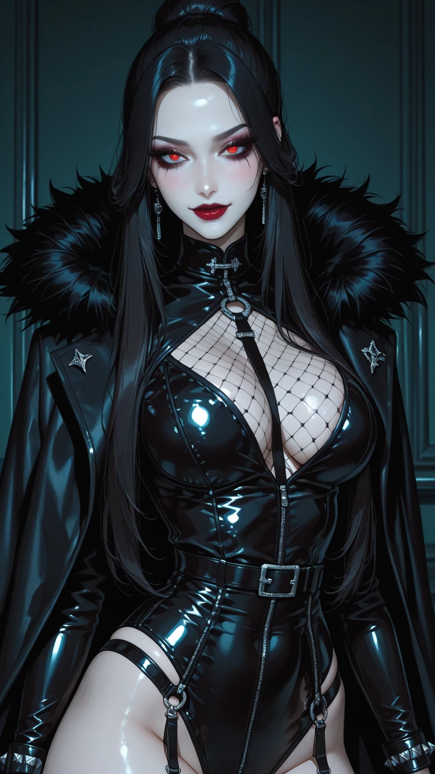 (Furry goth girl) with a seductive gaze, showcasing intricate fur patterns on her face and captivating eyes, smooth legs, high heels. She confidently wears a spiked collar and embraces her dominatrix persona in a revealing cosplay outfit, exposed cleavage exposed navel. Ear piercings complement her overall daring look.