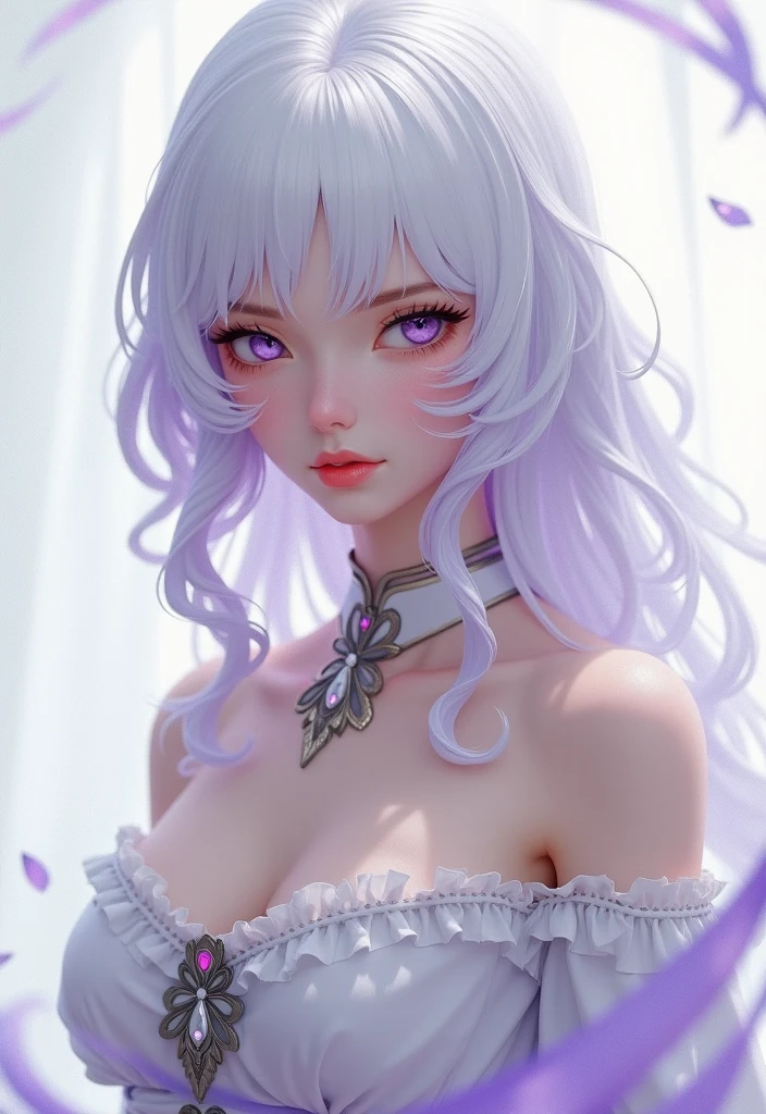 wife, 40-years old, upper body, light purple airy hair, messy hairstyle, white low-cut dress with small blue details, full lips, beautiful girl with long eyelashes and purple eyes, jewel eyes, Waist-highPortrait of an exotic beautiful woman wearing trendy clothing, perfectly detailed face, perfect eyes, detailed symmetric hazel eyes with circular iris, beautiful and stunning body, perfect anatomy, masterpiece, high quality, realistic, stunning realistic photograph, 3d render, octane render, cinematic, trending on artstation, Isometric, Centered hyperrealistic cover photo, awesome full colour, dark, 12k, high definition, cinematic, neoprene, Behance contest winner, portrait featured on Unsplash, stylized digital art, smooth, ultra high definition, 8k, unreal engine 5, ultra sharp focus, hyperrealistic cover photo, intricate artwork masterpiece, epic, TanvirTamim, trending on artstation, by artgerm, h. r. giger and Beksinski, highly detailed, vibrant