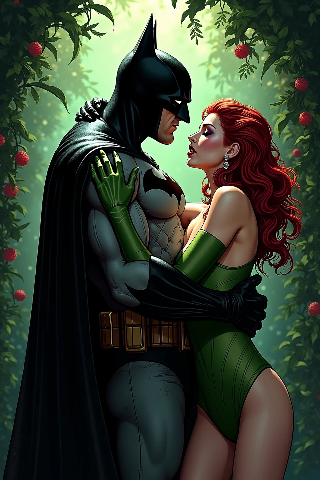 (((Poison Ivy))), (((Superman))), High quality, best quality, masterpiece, (1boy1 1girl), (hetero:1.5), mature woman, curves, long wavy redhead hair, green eyes. cleavage. (((woman wearing strapless black leotard))), reverse suspended congress, legs spread