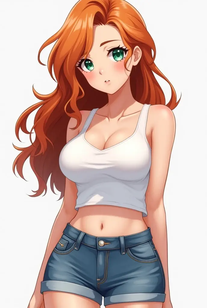 Generate a realistic anime-style image of Nami from One Piece. Blue Jeans, Pants, Big boobs, Big Booty, , realist, 3D, Orange Hair, nami One piece, nami of One piece, anime style, 4k, sexy face,