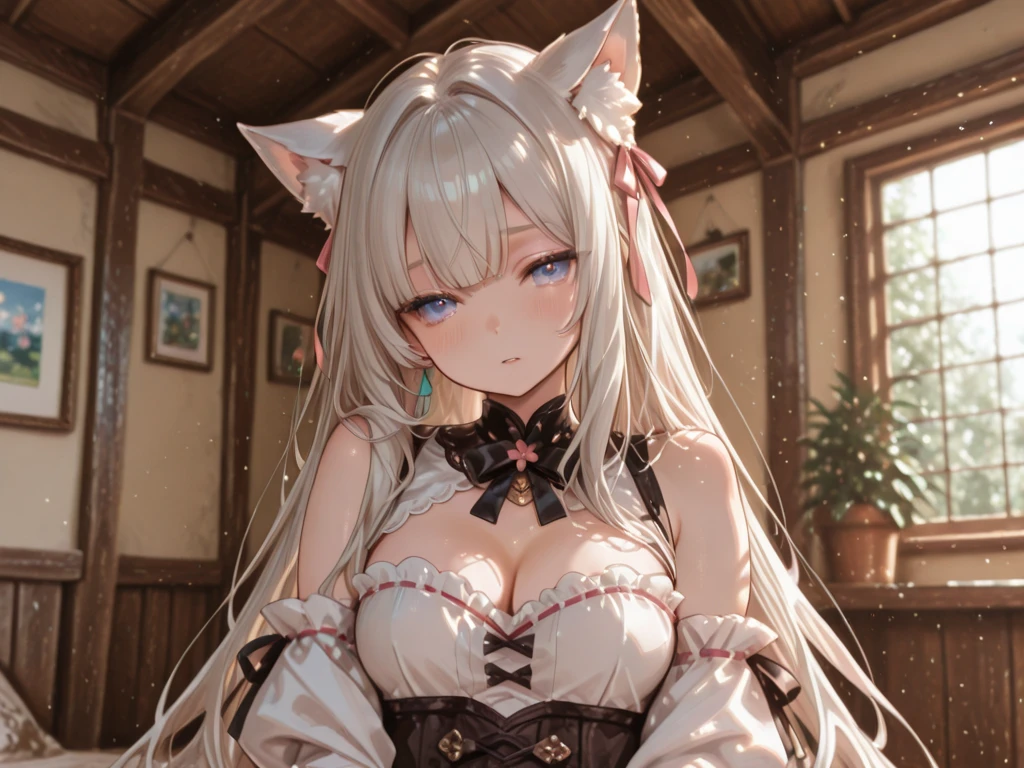 Absolutely beautiful cat lady, perfect slim body, mature royal sister, gray hair, royal sister face, maid outfit, sexy and alluring, beautiful face, bust, 4K picture quality, big body, feminine expression, blush shy, large bust, deep eyes, half naked
