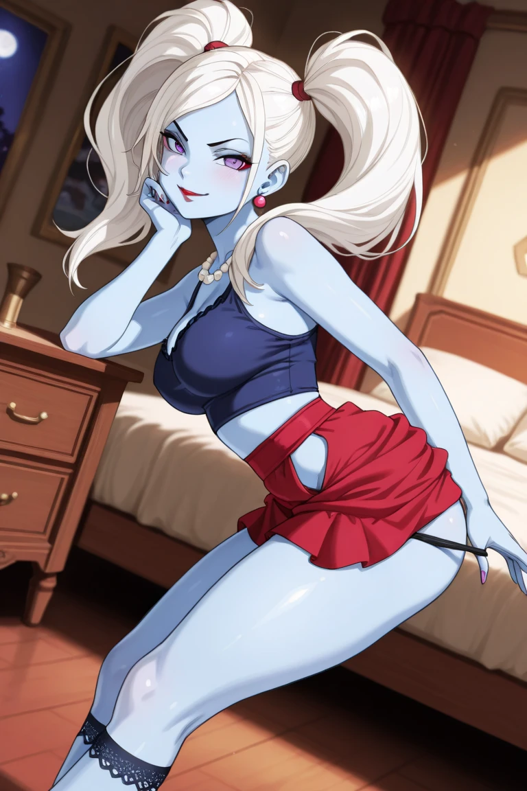best quality, highly detailed, masterpiece, detailed face, beautiful face, detailed eyes, deep eyes, violet eyes, 1girl, solo, mlptrixie, (colored skin), ((blue skin:1.3)), white hair, small breasts, naked body, nude, sexy black underwear, black panties, topless, standing frontally, pov, looking at viewer, expressionless, locker room, detailed hands, five fingers
