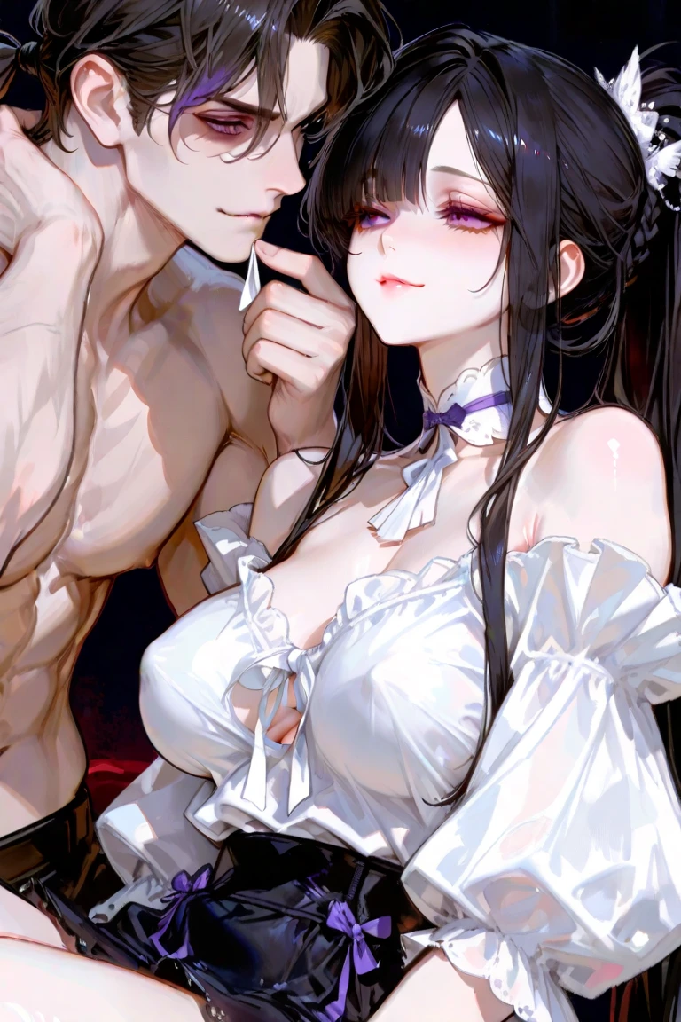 25 year old couple,Royal sister youth,black color hair,Thin iron chains are wound,white shirt,blacksilk,Erotic lingerie,Be red in the face,Pink lips,The background is minimalist,8K masterpiece