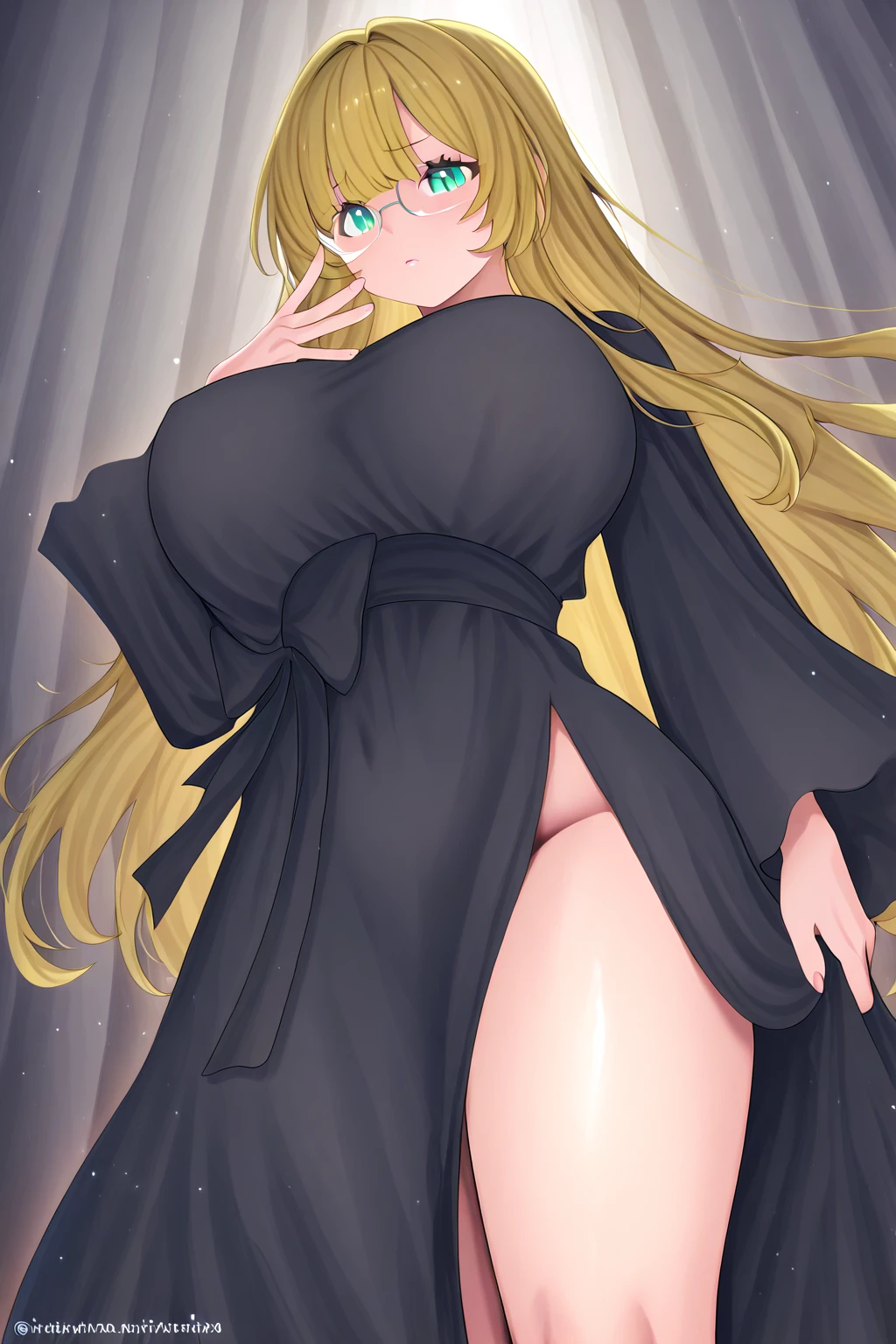 one girl, defCynthia, nsfw, solo, pale skin, very long hair, hair over one eye, prefect face, parted lips, huge breasts, nipples, thighs, hair ornament, fur collar, black gown, long sleeves, black pants, posing, an enchanting, overgrown greenhouse filled with tangled vines and blossoming flowers, backlighting, creates a halo effect around characters, giving them a radiant and romantic aura, looking at viewer, <lora:pkmncynthia-nvwls-v1:0.8>, <lora:more_details:0.3>