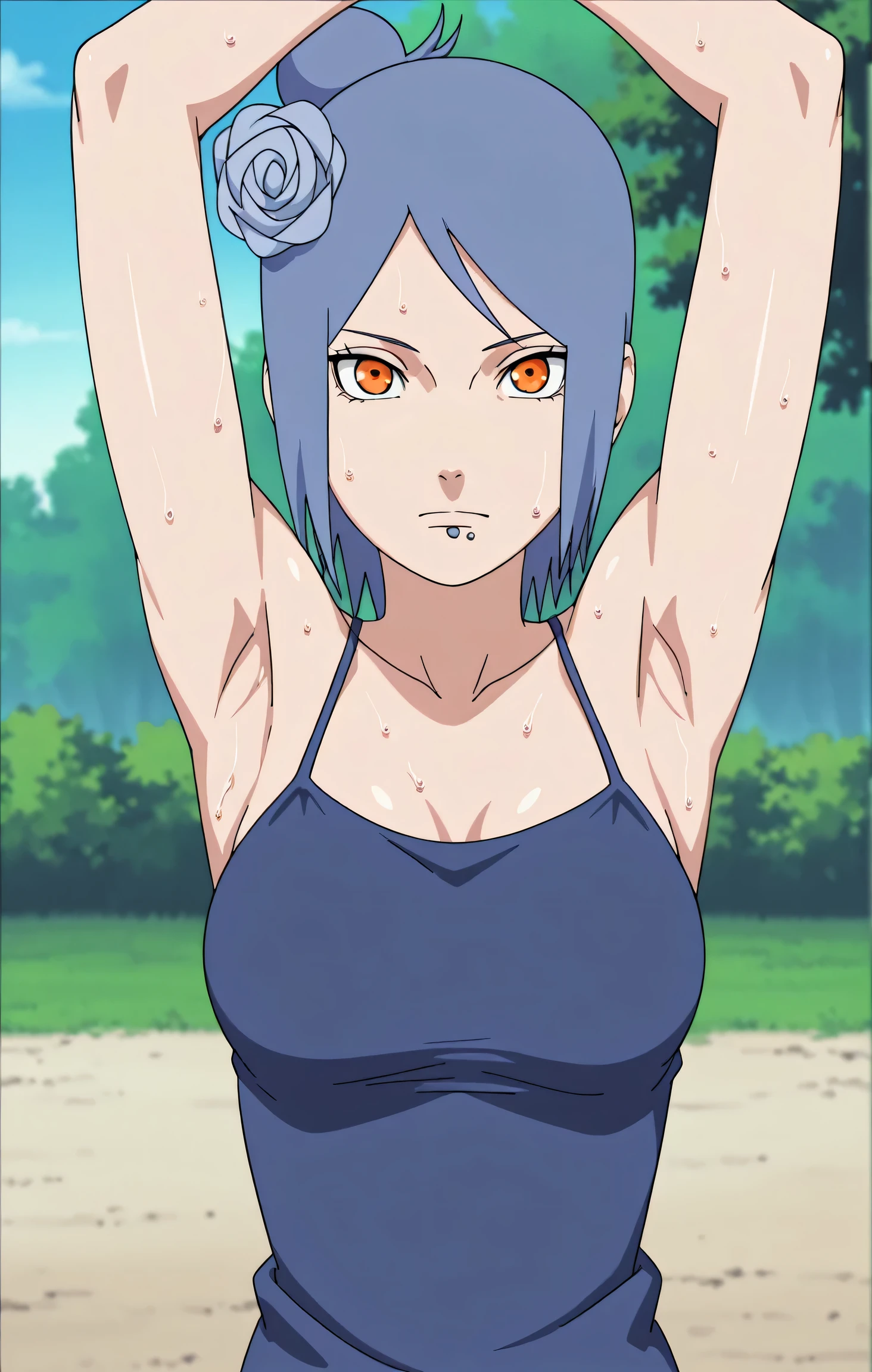 masterpiece, best quality, amazing quality, anime screencap, anime coloring, 1girl, solo, konan, blue hair, single hair bun, orange eyes, hair flower, lip piercing, medium breasts, blue tank top, spaghetti straps, skindentation, (sweaty:0.7), sleeveless, bare shoulders, bare arms, arms up, raised arms, armpits, armpits focus, head towards viewer, looking at viewer, direct eye contact, expressionless, closed mouth, outdoors, day