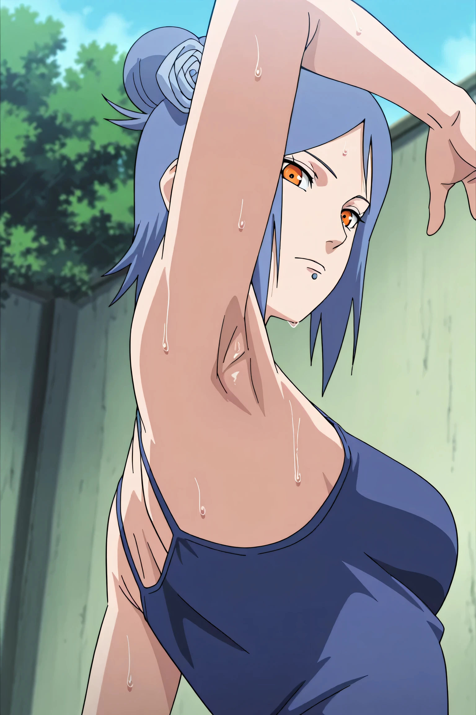 masterpiece, best quality, amazing quality, anime screencap, anime coloring, 1girl, solo, konan, blue hair, single hair bun, orange eyes, hair flower, lip piercing, medium breasts, blue tank top, spaghetti straps, skindentation, (sweaty:0.7), sleeveless, bare shoulders, bare arms, arm up, raised arm, armpit, armpit focus, head towards viewer, looking at viewer, direct eye contact, expressionless, closed mouth, outdoors, day, from side, from below, (from behind:1.2)