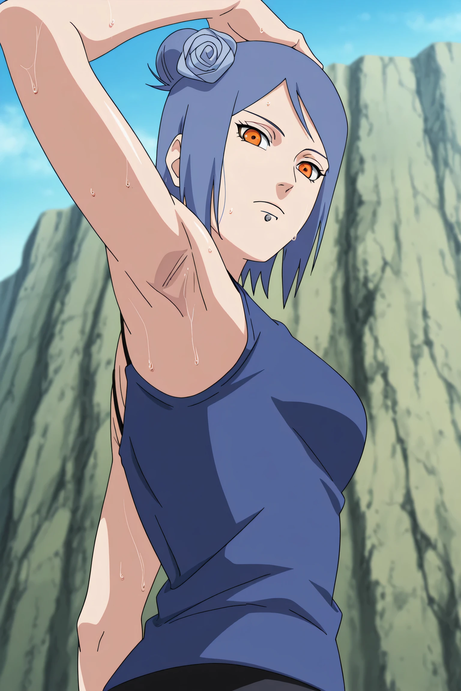 masterpiece, best quality, amazing quality, anime screencap, anime coloring, 1girl, solo, konan, blue hair, single hair bun, orange eyes, hair flower, lip piercing, medium breasts, blue tank top, spaghetti straps, skindentation, (sweaty:0.7), sleeveless, bare shoulders, bare arms, arm up, raised arm, armpit, armpit focus, head towards viewer, looking at viewer, direct eye contact, expressionless, closed mouth, outdoors, day, from side, from below, (from behind:1.2)