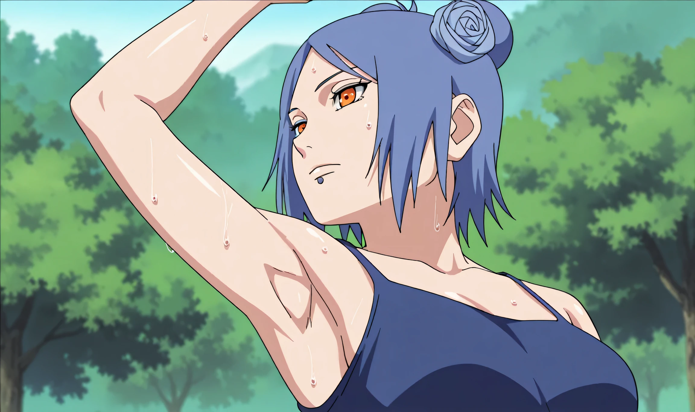 masterpiece, best quality, amazing quality, anime screencap, anime coloring, 1girl, solo, konan, blue hair, single hair bun, orange eyes, hair flower, lip piercing, medium breasts, blue tank top, spaghetti straps, skindentation, (sweaty:0.7), sleeveless, bare shoulders, bare arms, arm up, raised arm, armpit, armpit focus, head towards viewer, looking at viewer, direct eye contact, expressionless, closed mouth, outdoors, day, from side, from below,