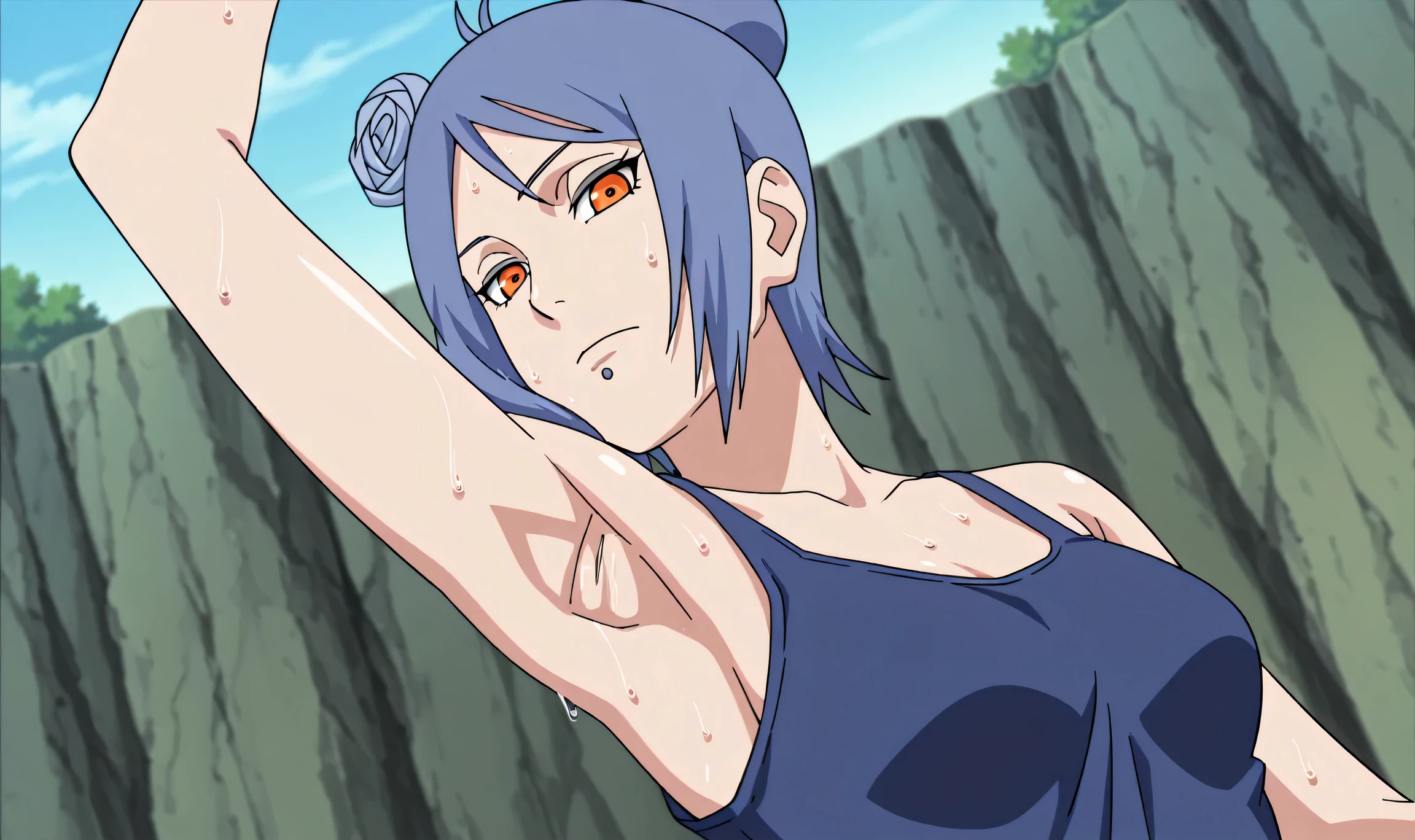 masterpiece, best quality, amazing quality, anime screencap, anime coloring, 1girl, solo, konan, blue hair, single hair bun, orange eyes, hair flower, lip piercing, medium breasts, blue tank top, spaghetti straps, skindentation, (sweaty:0.7), sleeveless, bare shoulders, bare arms, arm up, raised arm, armpit, armpit focus, head towards viewer, looking at viewer, direct eye contact, expressionless, closed mouth, outdoors, day, from side, from below,