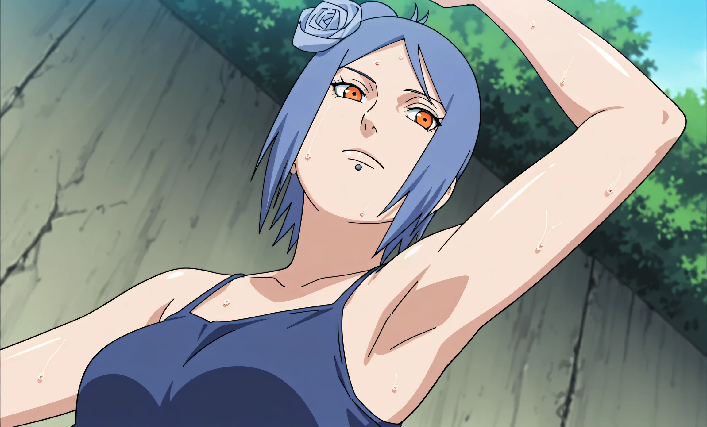 masterpiece, best quality, amazing quality, anime screencap, anime coloring, 1girl, solo, konan, blue hair, single hair bun, orange eyes, hair flower, lip piercing, medium breasts, blue tank top, spaghetti straps, skindentation, (sweaty:0.7), sleeveless, bare shoulders, bare arms, arm up, raised arm, armpit, armpit focus, head towards viewer, looking at viewer, direct eye contact, expressionless, closed mouth, outdoors, day, from side, from below,