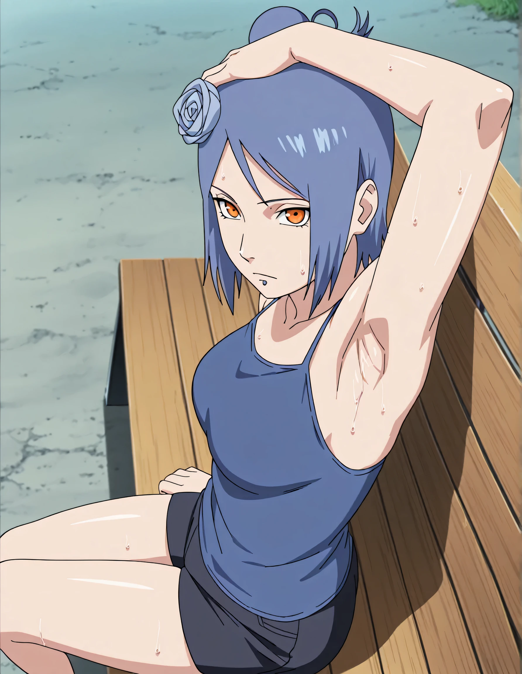 masterpiece, best quality, amazing quality, anime screencap, anime coloring, 1girl, solo, konan, blue hair, single hair bun, orange eyes, hair flower, lip piercing, medium breasts, blue tank top, spaghetti straps, skindentation, (sweaty:0.7), sleeveless, bare shoulders, bare arms, arm on own head, armpit, armpit focus, head towards viewer, looking at viewer, direct eye contact, expressionless, closed mouth, outdoors, day, from side, from above, sitting on a bench, short shorts