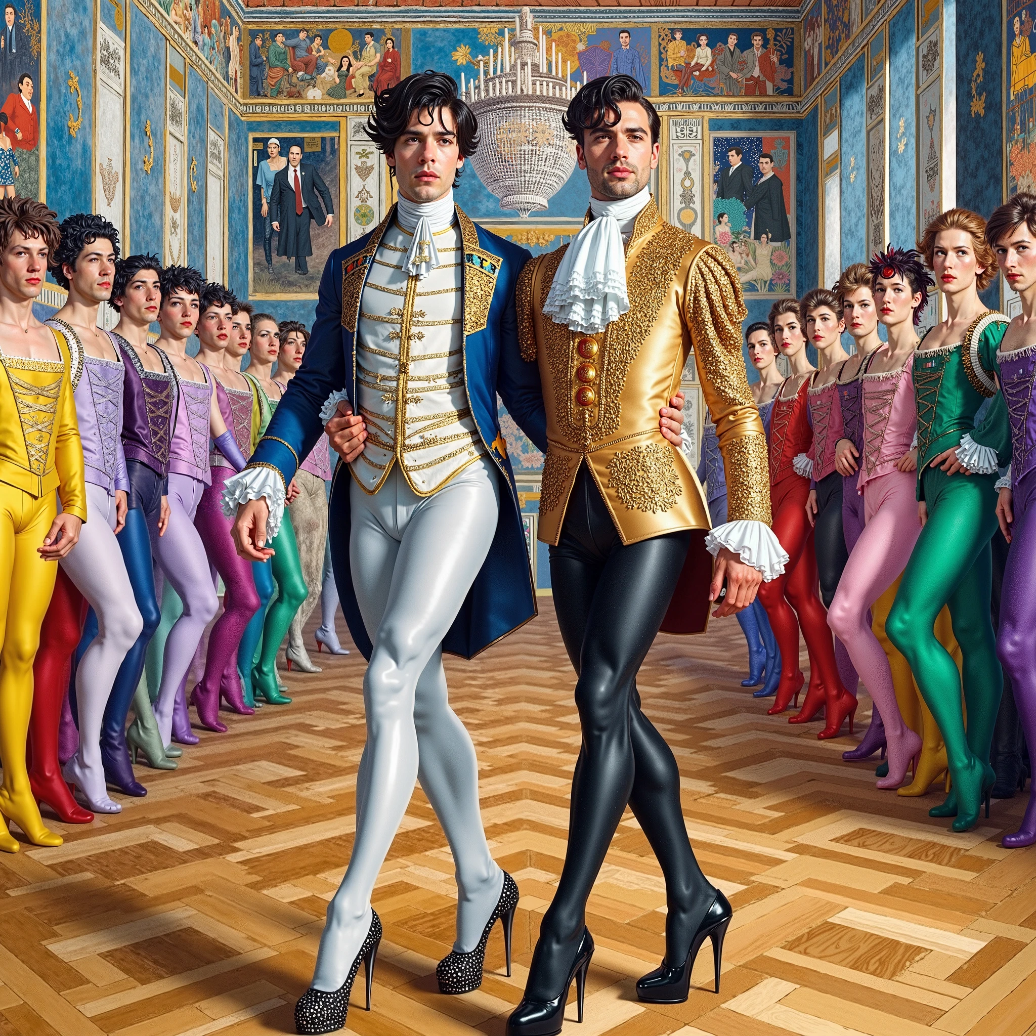 (4k, best quality, masterpiece, photo, beautiful eyes, ballet tights, crotch bulge, nutcracker ballet:1.35), (2boys, ballet dancers, prince defeats rat king:1.5)