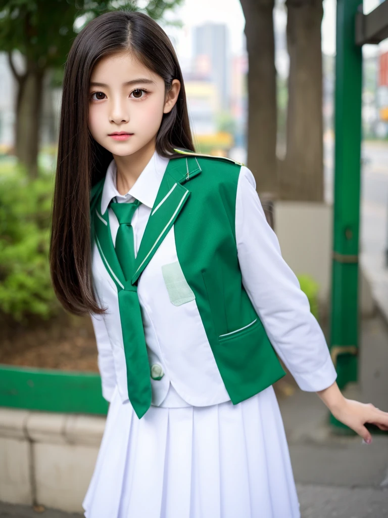 masterpiece、highest quality、8K、Japanese、10 years old、An attractive and well-groomed face、beautiful girl、Flat chest、(uniform:White and green)、Full body description、Well-formed eyes、sit、An attractive and well-groomed face、Detailed eyes、Detailed nose