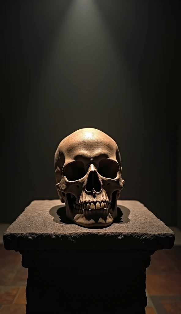 Skull placed on a stone surface, surrounded by subtle mist, moody and atmospheric lighting