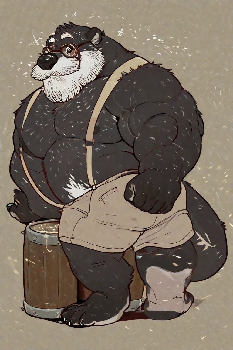 Solo, Male, polar bear, (short hair, snout), messy fur, messy hair, fat, big fat, musclechub, horny, aroused, sweating, smirking, notched ear, by Bebebebebe, by Spikes, By Darkgem, by taran fiddler, by Chunie, sitting on wooden chair, legs spread, suspenders, work boots, full body, penis bulge, genital outline, looking at viewer, carpenter room background, wood working, rustic, flame lanterns, warm lighting